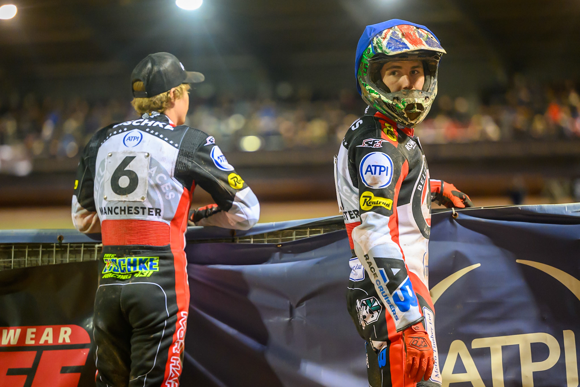 Tate Zischke of Belle Vue Aces (Left) watches the track prep with Will Cairns of Belle Vue Aces during the Rowe Motor Oil Premiership Grand Final 2nd Leg between Belle Vue Aces and Sheffield Tigers at the National Speedway Stadium, Manchester on Friday 16th October 2026. (Photo: Ian Charles | MI News)