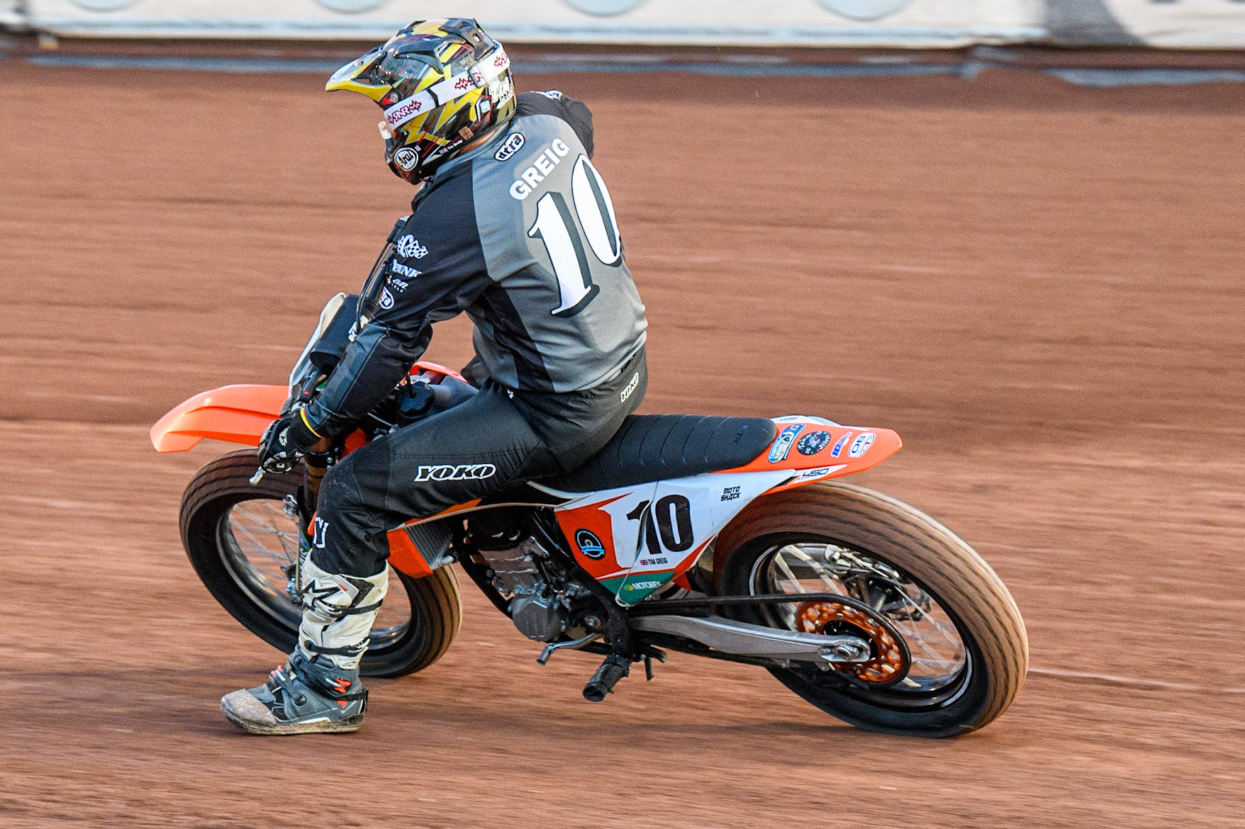 Tim Grieg (10) in action   during the Flat Track Demonstration Races during the Sports Insure Premiership match between Belle Vue Aces and Wolverhampton Wolves at the National Speedway Stadium, Manchester on Monday 3rd July 2023. (Photo: Ian Charles | MI News)