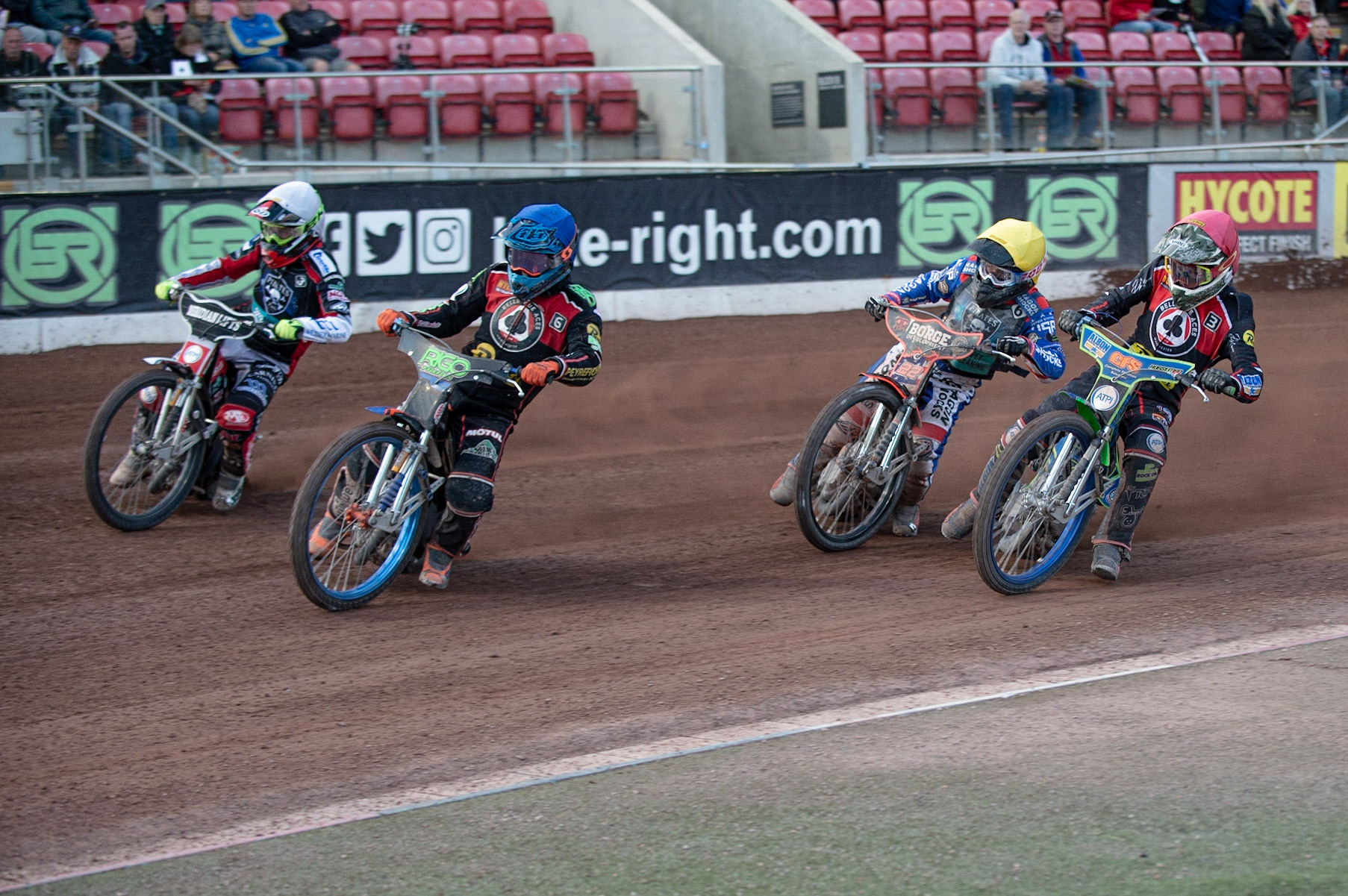 Photo by Ian Charles

Dimitri Berge  (Blue) leads Nicolai Klindt  (White) Luke Becker  (Yellow) and Dan Bewley  (Red)

Belle Vue Aces v Poole Pirates, British Speedway Premiership, Belle Vue National Speedway Stadium, Manchester, Monday 1  July  2019