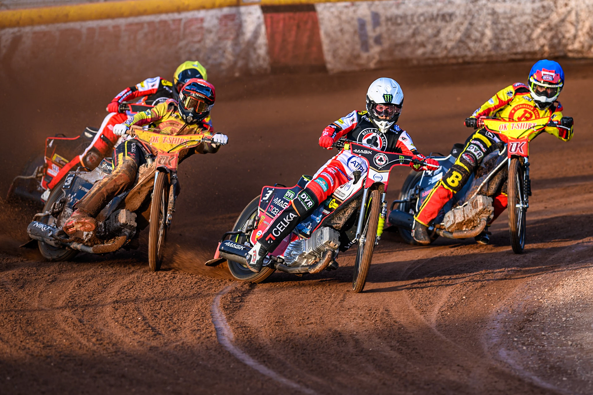 Belle Vue Aces' Jaimon Lidsey in White leading Birmingham Brummies' Tobiasz Musielak in Red, Birmingham Brummies' Keynan Rew in Blue and Belle Vue Aces' Zach Cook in Yellow during the Rowe Motor Oil Premiership match between Birmingham Brummies and Belle Vue Aces at Perry Bar Stadium, Birmingham on Monday 2nd June 2025. (Photo: Ian Charles | MI News)