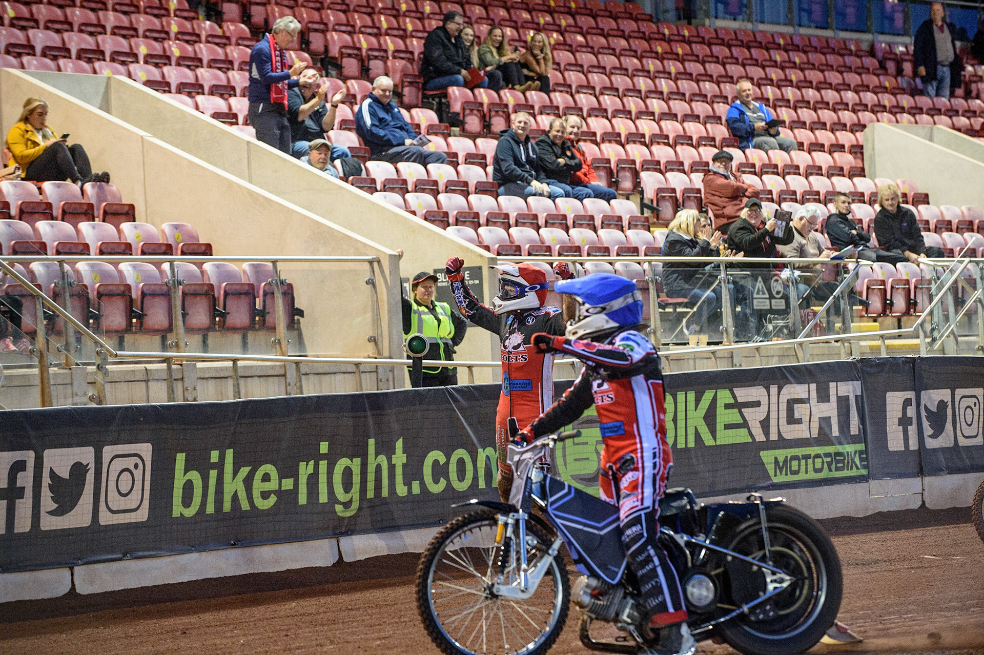 MANCHESTER, UK. JULY 29TH  Sam McGurk  (Blue) and Paul Bowen  (Red) celebrate their match winning ride  during the National Development League match between Belle Vue Colts and Leicester Lion Cubs at the National Speedway Stadium, Manchester on Thursday 29th July 2021. (Credit: Ian Charles | MI News)