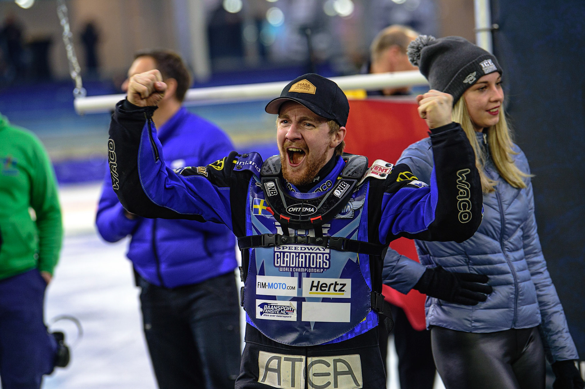 HEERENVEEN, NL. “I’m The Champion!” Martin Hååruhiltunen (199)  celebrates  during the FIM Ice Speedway Gladiators World Championship Final 4 at Ice Rink Thialf, Heerenveen on Sunday  3 April 2022. (Credit: Ian Charles | MI News)
