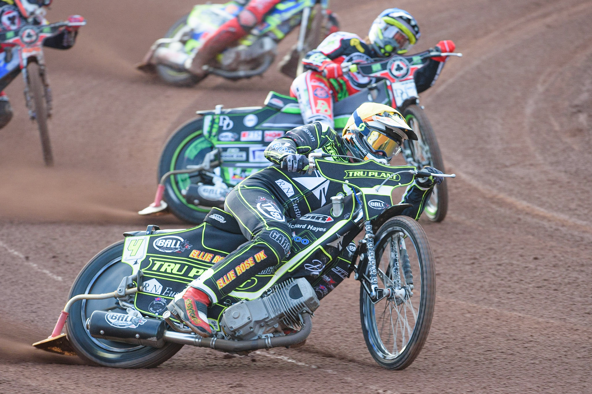 MANCHESTER, UK. JUNE 7TH   Jake Allen  (Yellow) leads Charles Wright  (Blue)  during the SGB Premiership match between Belle Vue Aces and Ipswich Witches at the National Speedway Stadium, Manchester on Monday 7th June 2021. (Credit: Ian Charles | MI News)