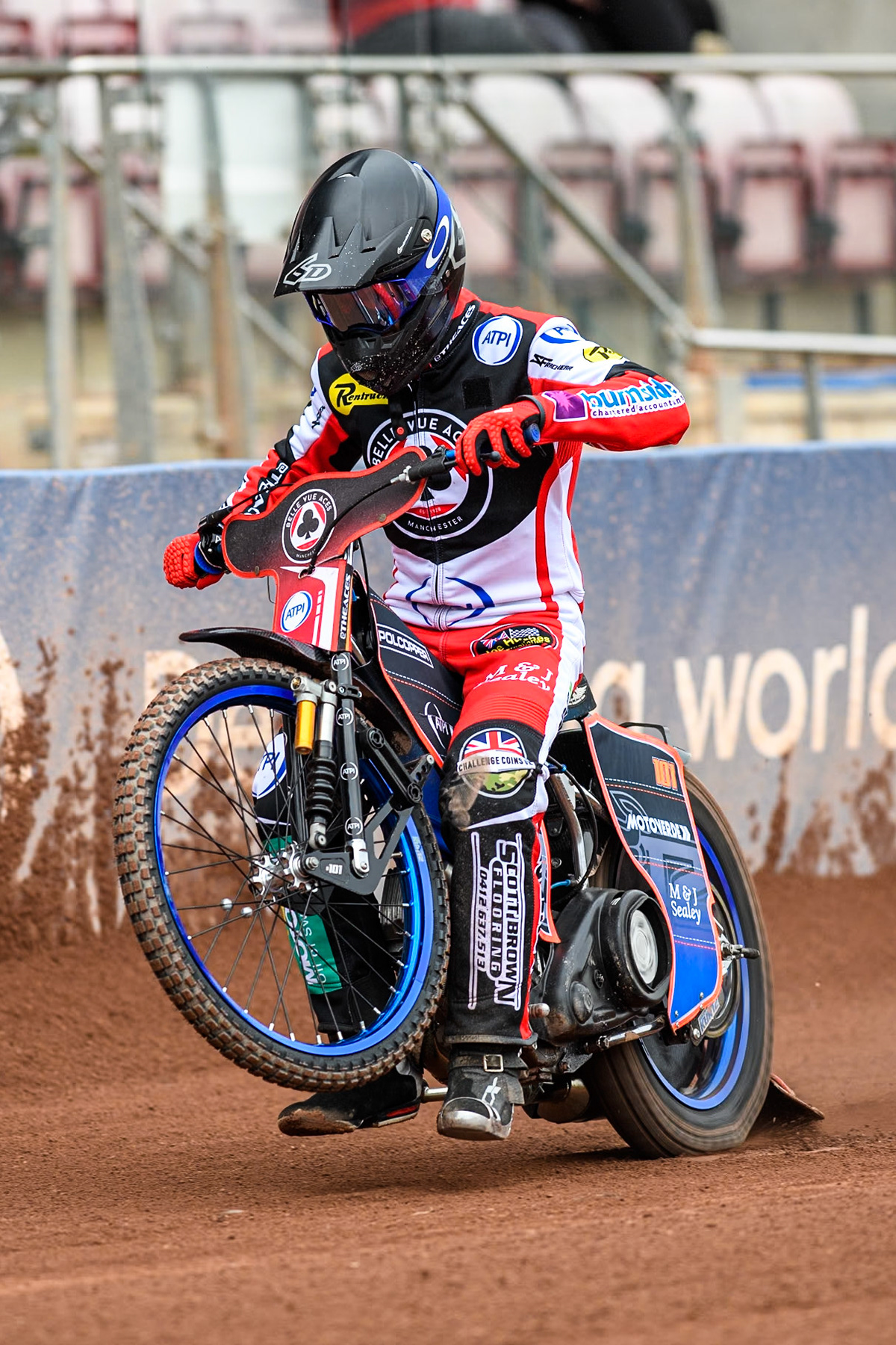 Belle Vue Aces' rider Brady Kurtz does a practice start during the Belle Vue Aces Media Day at the National Speedway Stadium, Manchester on Monday 11th March 2024. (Photo: Ian Charles | MI News)
