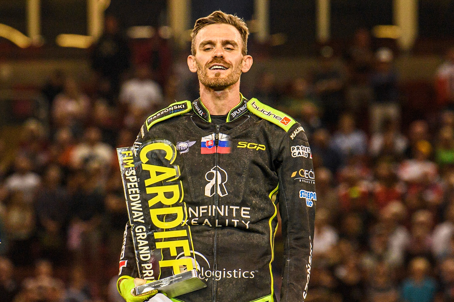 British Grand Prix Winner Martin Vaculik holds his trophy aloft during the FIM Speedway Grand Prix of Great Britain at the Principality Stadium, Cardiff on Saturday 2nd September 2023. (Photo: Ian Charles | MI News)