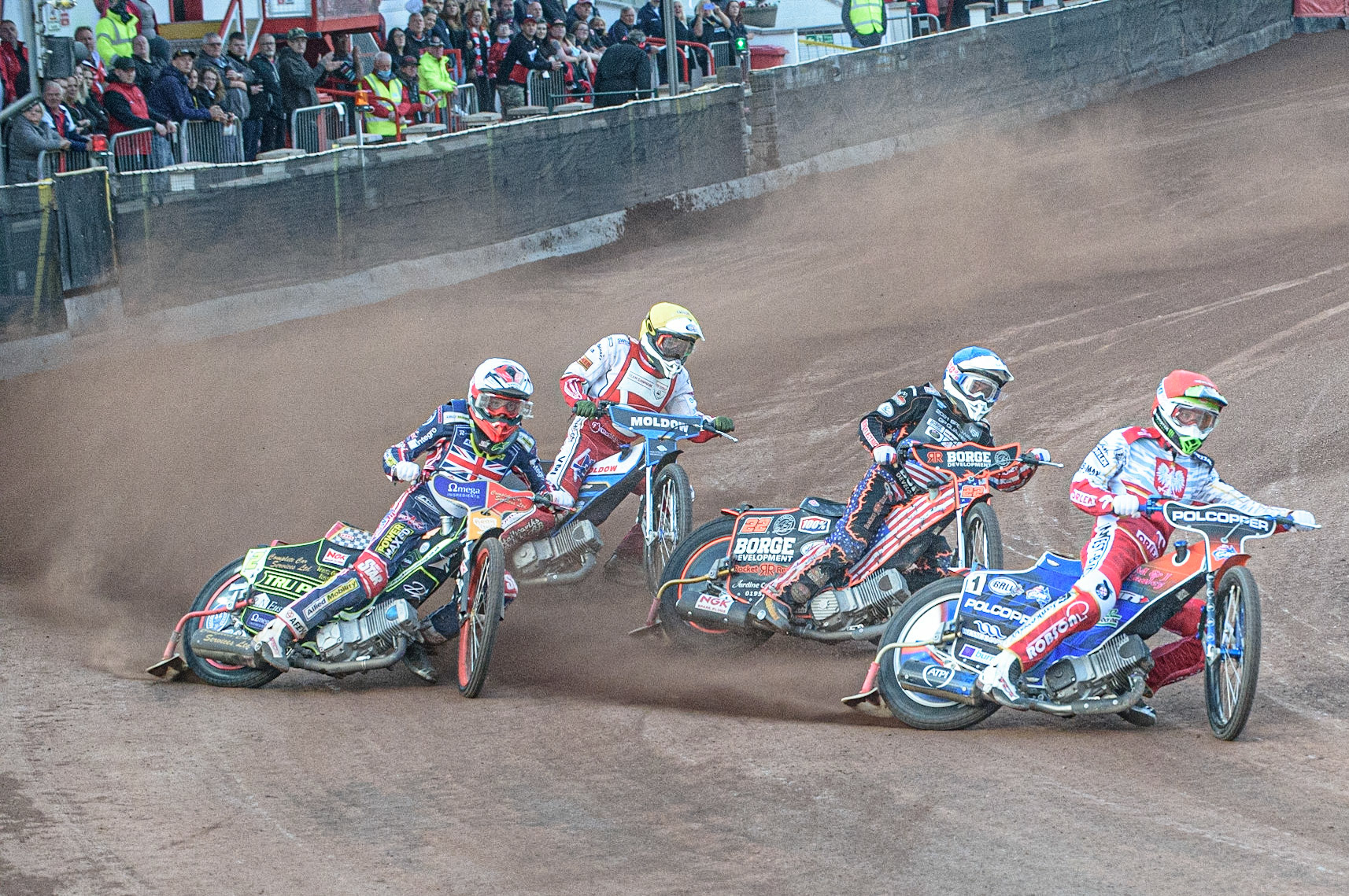 GLASGOW, UK. JUNE 19TH.  Tobiasz Musielak (Poland) (Red) leads Luke Becker (USA) (Blue) Drew Kemp (Reserve) (Great Britain) (White) and Rasmus Jensen (Denmark) (Yellow) during the FIM Speedway Grand Prix Qualifying Round at the Peugeot Ashfield Stadium, Glasgow on Saturday 19th June 2021. (Credit: Ian Charles | MI News)
