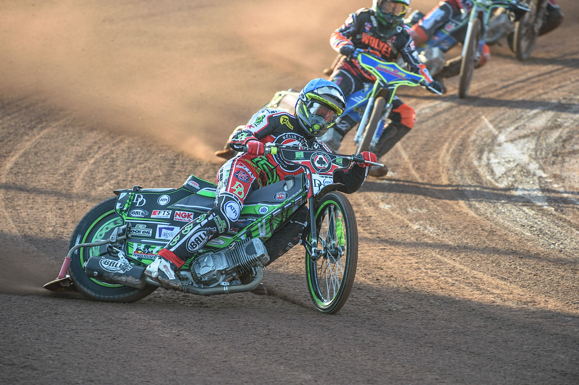 MANCHESTER, UK. JULY 15TH   Charles Wright  (Blue) leads Ryan Douglas (Yellow) during the SGB Premiership match between Belle Vue Aces and Wolverhampton Wolves at the National Speedway Stadium, Manchester on Thursday 15th July 2021. (Credit: Ian Charles | MI News)