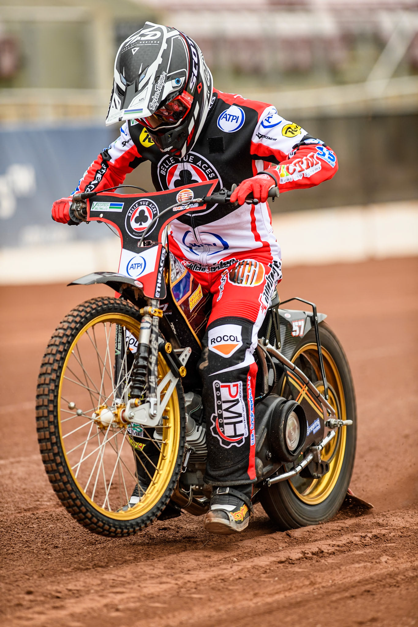 Belle Vue Aces' rider Connor Mountain does a practice start during the Belle Vue Aces Media Day at the National Speedway Stadium, Manchester on Monday 11th March 2024. (Photo: Ian Charles | MI News)