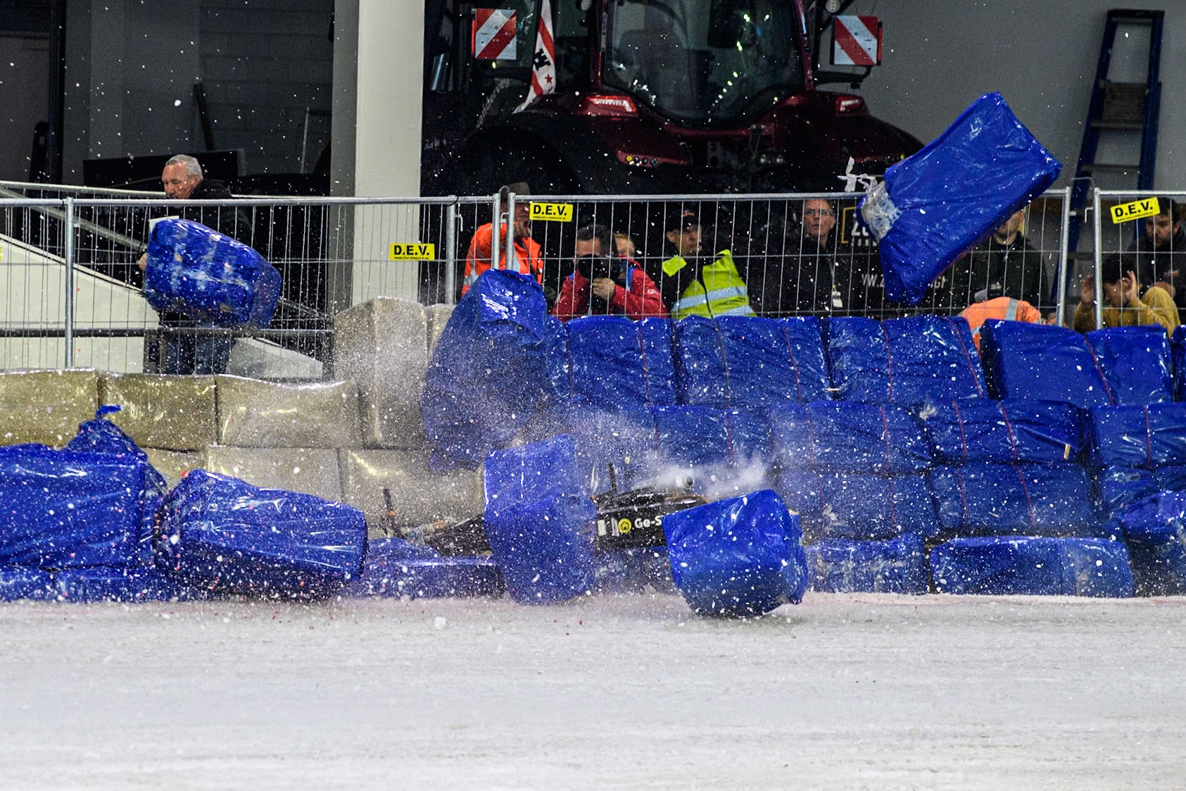 Germany's Max Niedermaier (88) crashes into the bales during the FIM Ice Speedway Gladiators World Championship Final 4 at Ice Rink Thialf, Heerenveen on Sunday 7th April 2024. (Photo: Ian Charles | MI News)