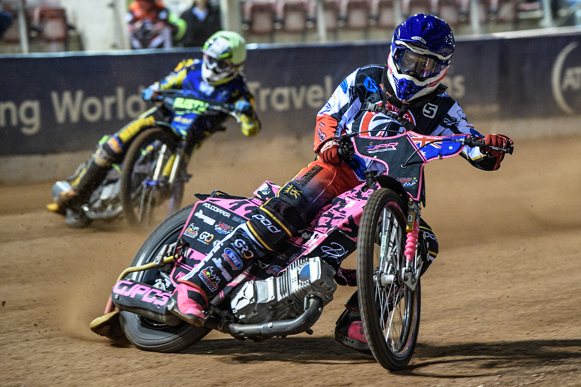James Pearson (Blue) leads Ryan Kinsley   (Yellow) during the National Development League match between Belle Vue Colts and Oxford Chargers at the National Speedway Stadium, Manchester on Friday 12th May 2023. (Photo: Ian Charles | MI News)