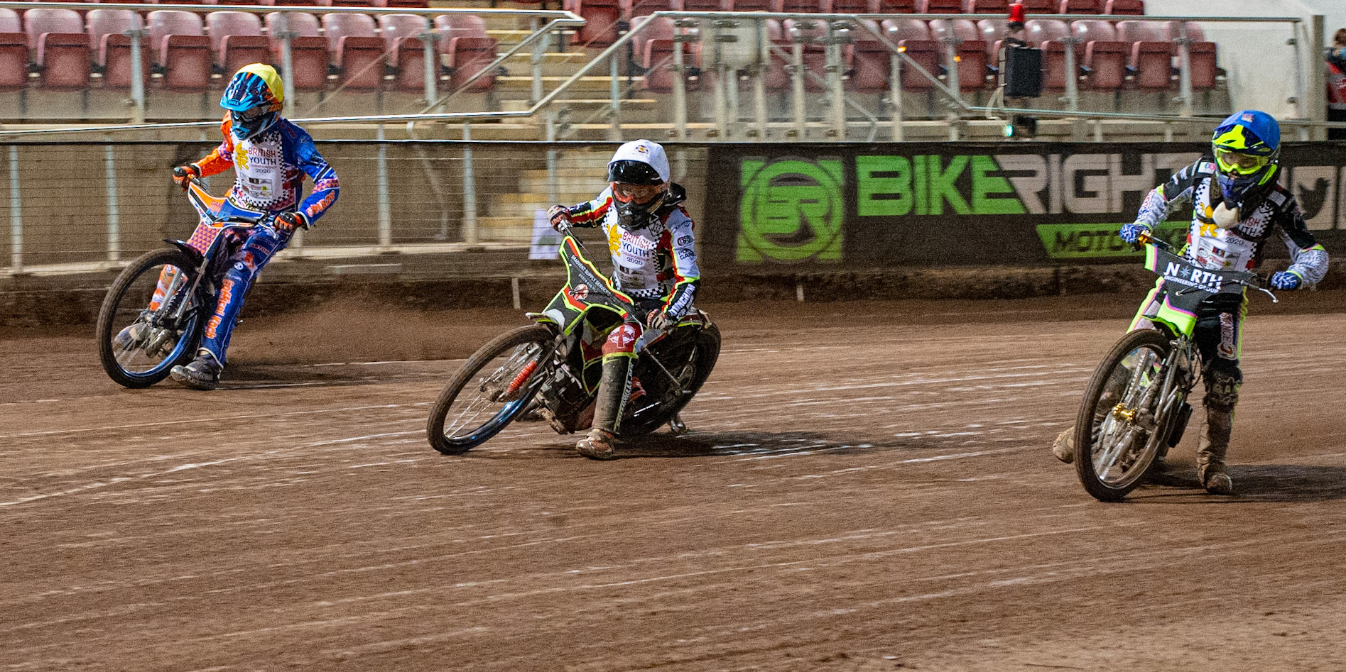 Photo: Ian CharlesKatie Gordon (White) leads Alex Goldsborough (Blue) and Sam Peters (Yellow)British Youth Speedway Championship (Round 5), National Speedway Stadium, Manchester Saturday  10  October  2020