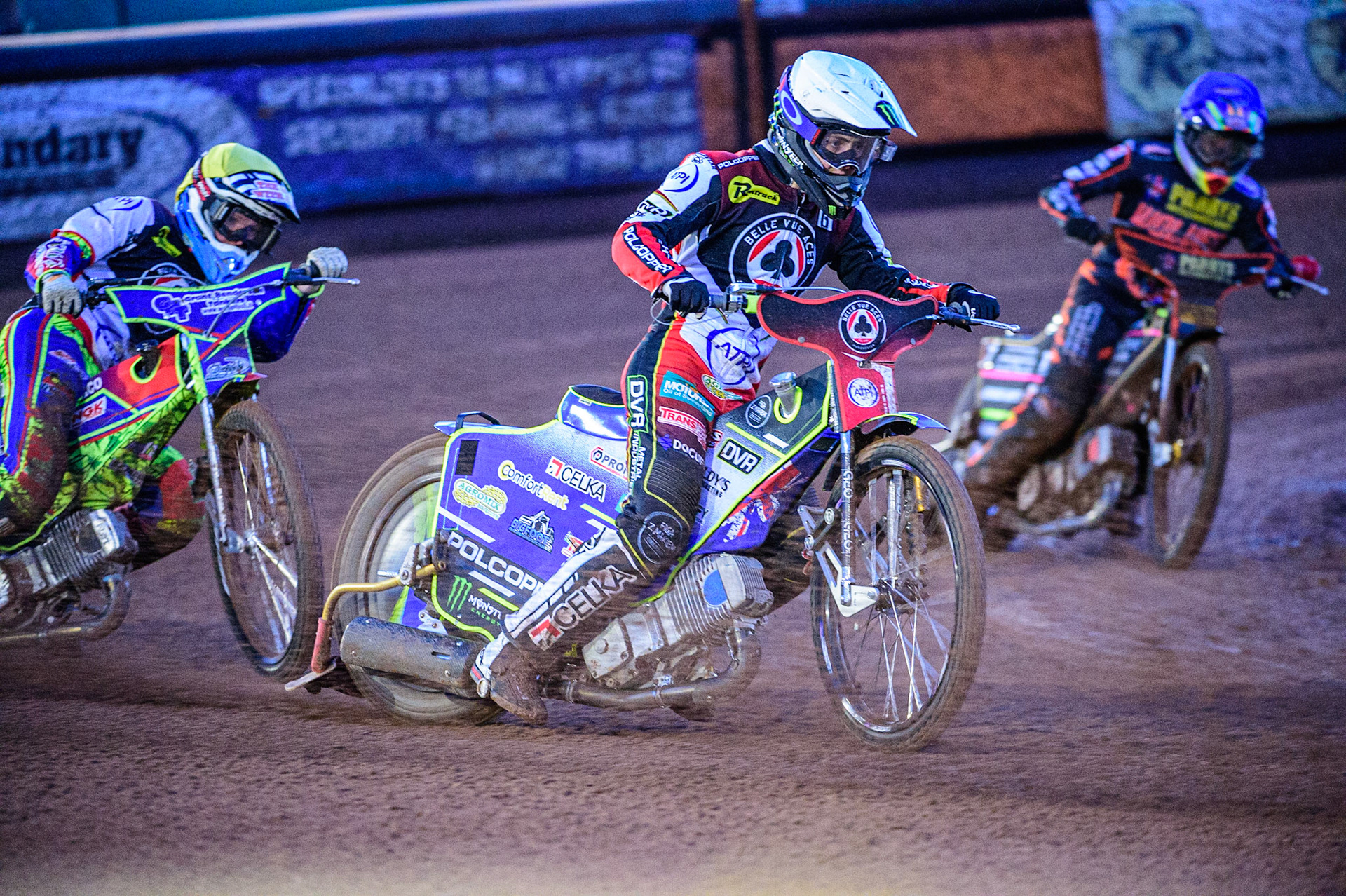 Jaimon Lidsey  (White) leads Anders Rowe  (Yellow) and Leon Flint  (Blue) during the SGB Premiership Knock Out Cup Quarter Final 1st Leg between Wolverhampton Wolves and Belle Vue Aces at Monmore Green Stadium, Wolverhampton on Monday 10th April 2023. (Photo: Ian Charles | MI News)