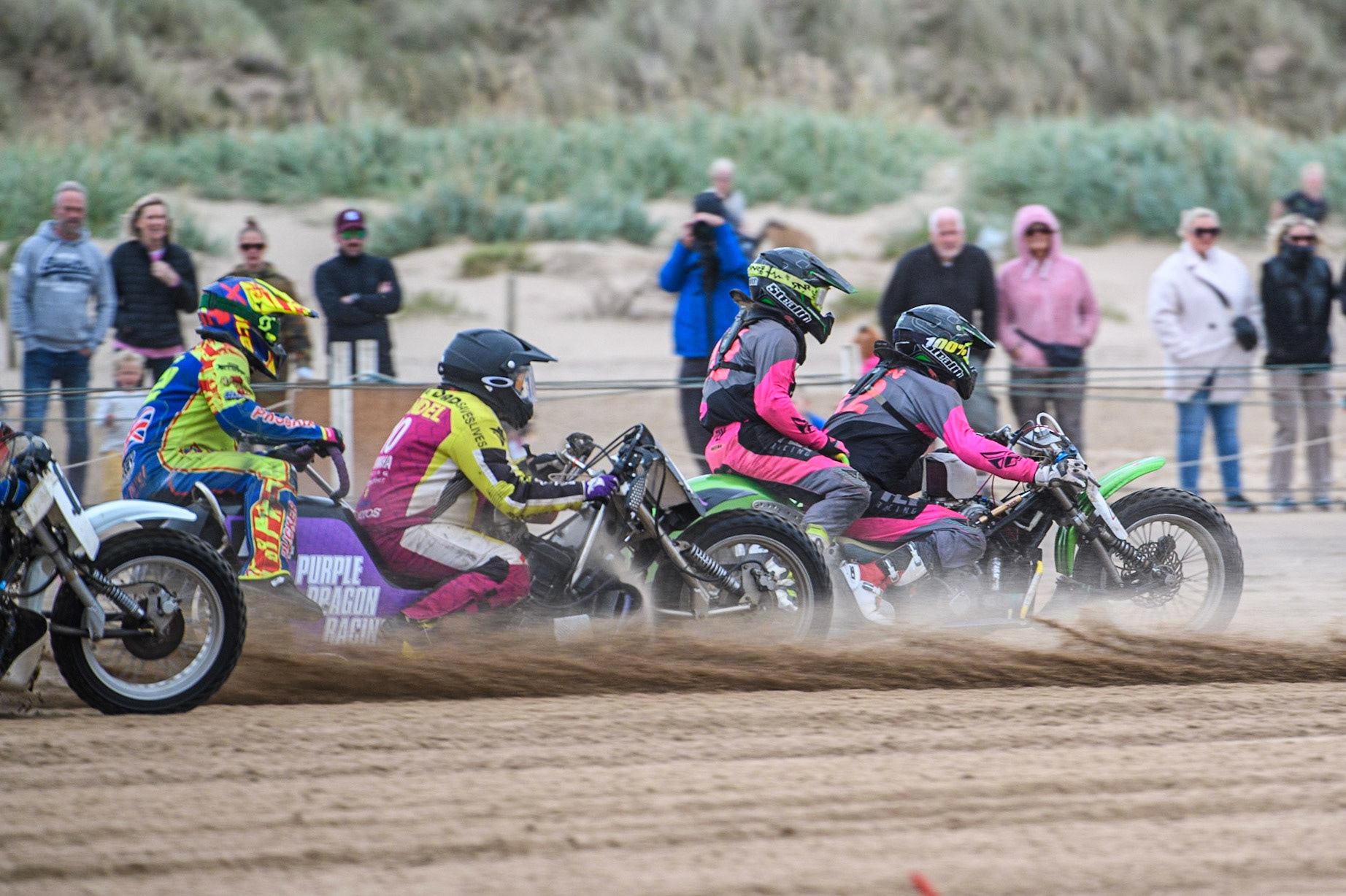 Neal Owen &amp; Jason Farwell (12) leads Clint Blondell &amp; Richard Webb (10) during the Fylde ACU British Sand Racing Masters Championship at  St Annes on Sea, Lancashire on Sunday 30th July 2023. (Photo: Ian Charles | MI News)