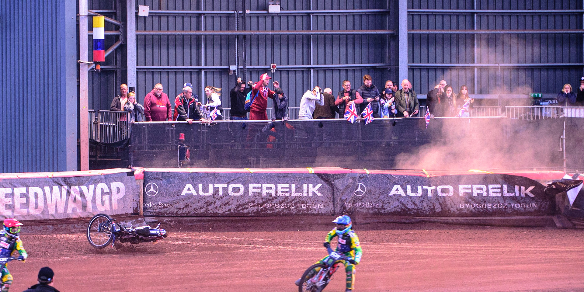 MANCHESTER, UK. OCT 16TH Tai Woffinden of Great Britain falls and hits the airfence during the Monster Energy FIM Speedway of Nations at the National Speedway Stadium, Manchester on Saturday  16th October 2021. (Credit: Ian Charles | MI News)