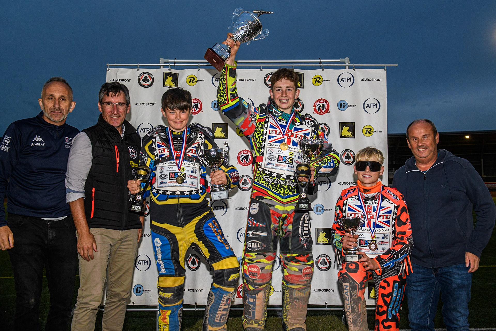 250cc CLASS:  Overall: (l - r) Neil Vatcher (SCB), Mark Lemon (Belle Vue CEO), Jamie Etherington (2nd), William Cairns (Winner), Cooper Rushen (3rd), Richard Cotton (Rentruck/Cool Runnings - Belle Vue Sponsor) during the British Youth Speedway Championships at the National Speedway Stadium, Manchester on Friday 21st July 2023. (Photo: Ian Charles | MI News)