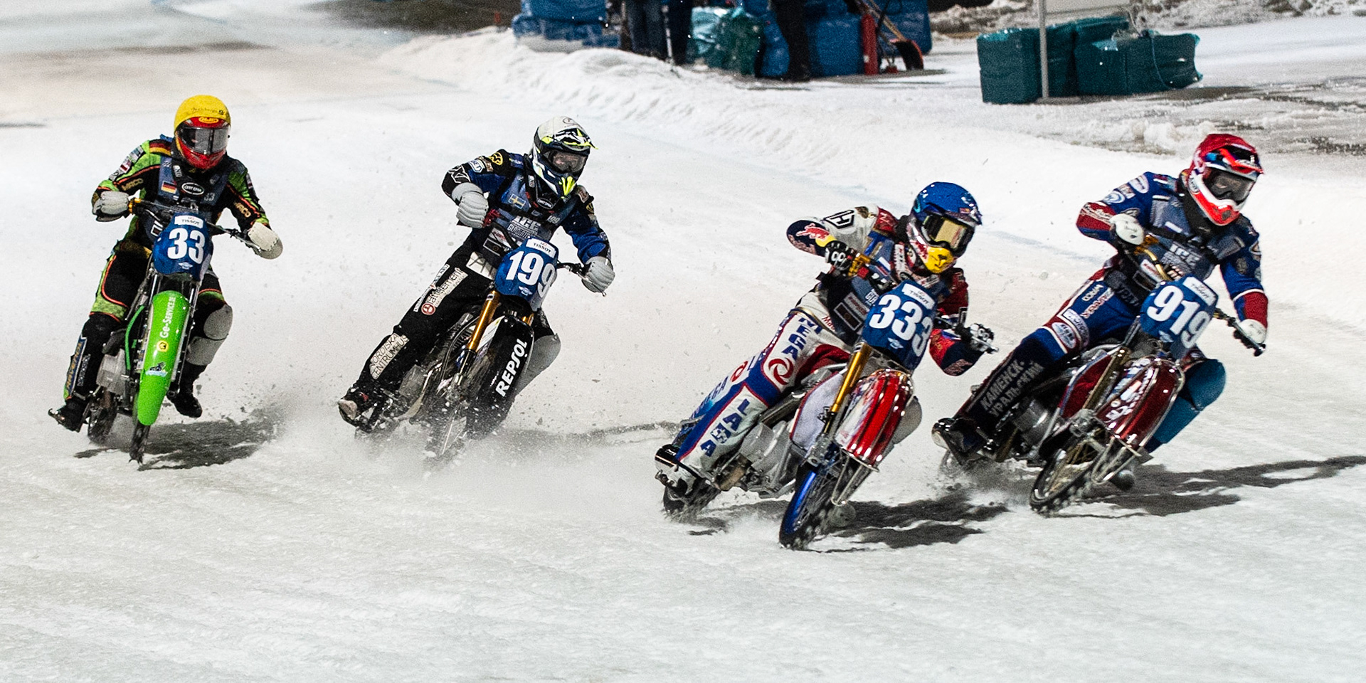 Photo: Ian Charles

Semi Final 2: Dmitri Khomitsevich (919) inside Danil Ivanov (333) with Martin Haarahiltunen (199) and Johann Weber (33) behind

FIM Ice Speedway Gladiators World Championship, Final 3.1, Horst-Dohm Eisstadion, Berlin, Germany Saturday  2  March  2019