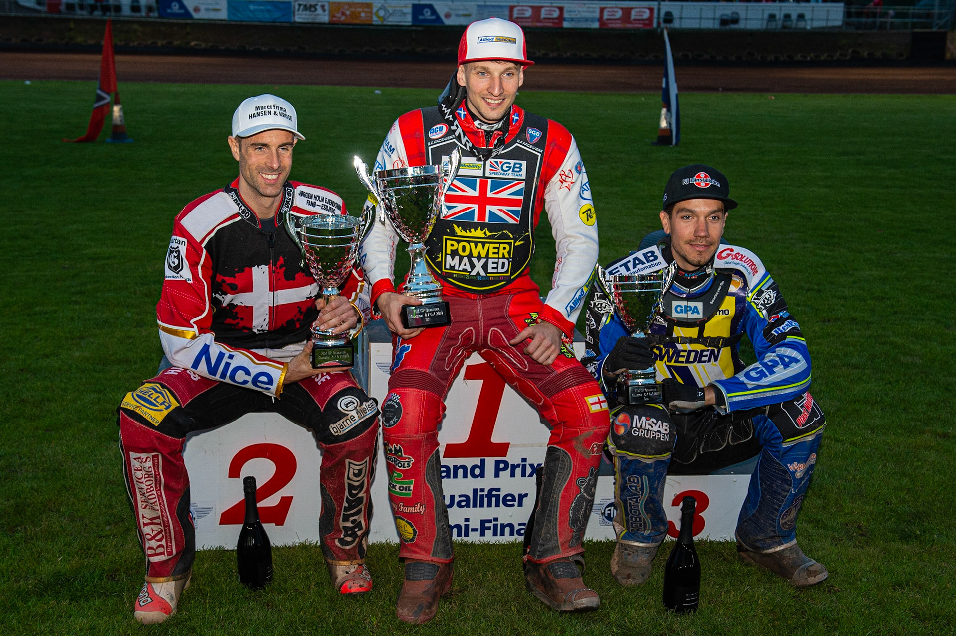 Photo by Ian Charles:

Top 3: Niels-Kristian Iversen (2nd), Craig Cook (1st), Pontus Aspgren (3rd)


FIM Speedway Grand Prix World Championship - Qualifying Round 1, Peugeot Ashfield Stadium, Glasgow, 8 June 2019