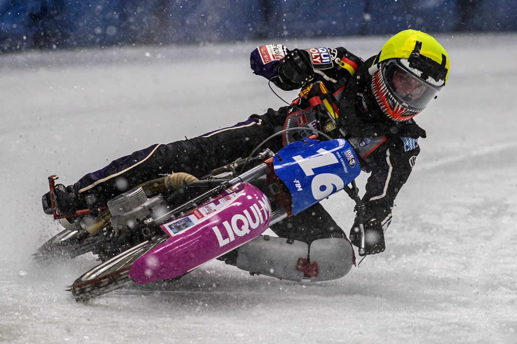 Germany's Benedikt Monn (16) in action during the FIM Ice Speedway Gladiators World Championship Final 1 at the Max-Aicher-Arena, Inzell on Saturday 23 March 2024. (Photo: Ian Charles | MI News)
