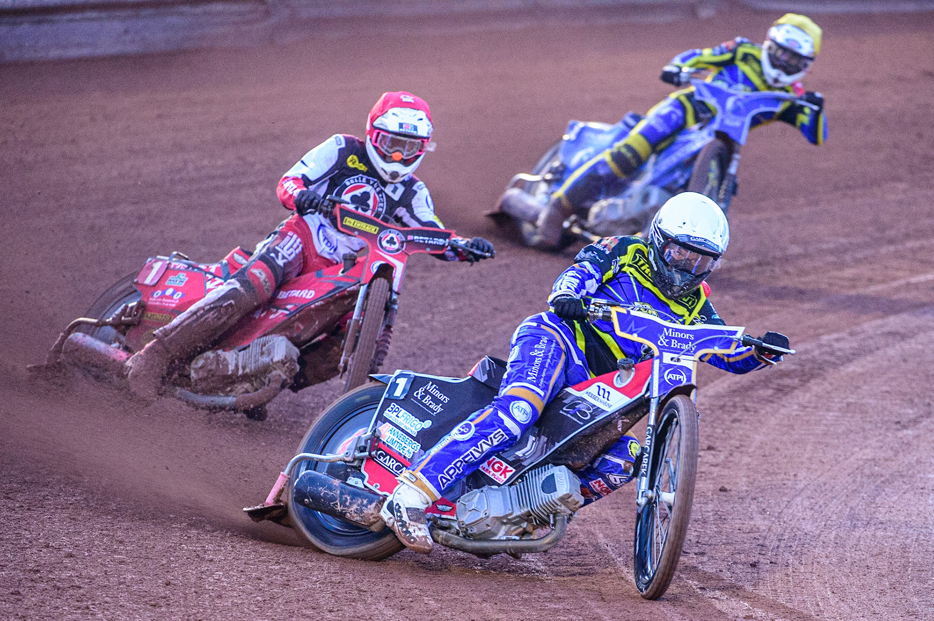 Nikolai Klindt  (White) leads Max Fricke  (Red) and Lewis Kerr  (Yellow) during the SGB Premiership match between Belle Vue Aces and Sheffield Tigers at the National Speedway Stadium, Manchester on Monday 5th September 2022. (Credit: Ian Charles | MI News)