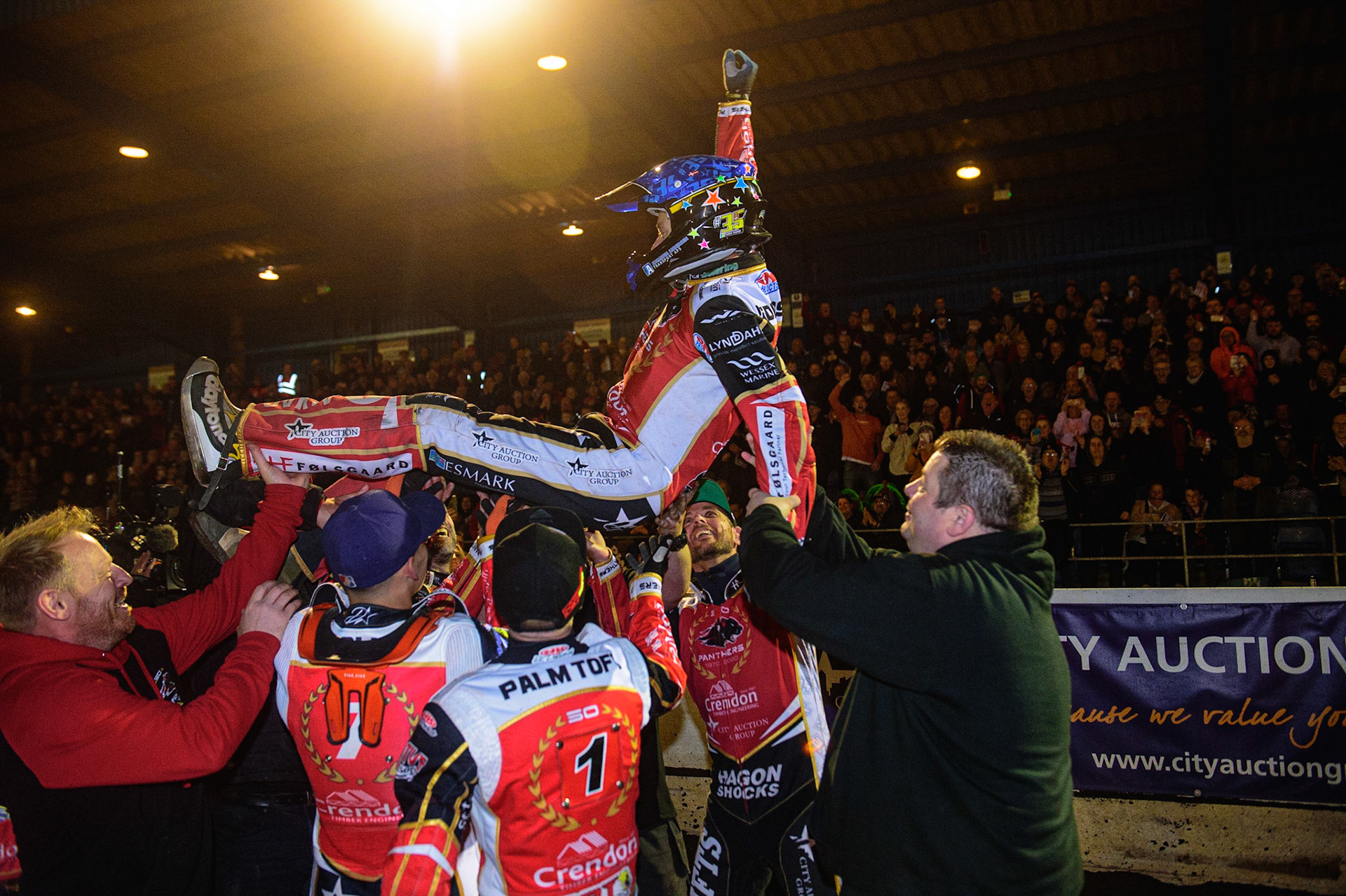 PETERBOROUGH, UK. OCT 14TH Bjarne Pedersen  is given the bumps  during the SGB Premiership Grand Final 2nd leg between Peterborough and Belle Vue Aces at East of England Showground, Peterborough on Thursday 14th October 2021. (Credit: Ian Charles | MI News)