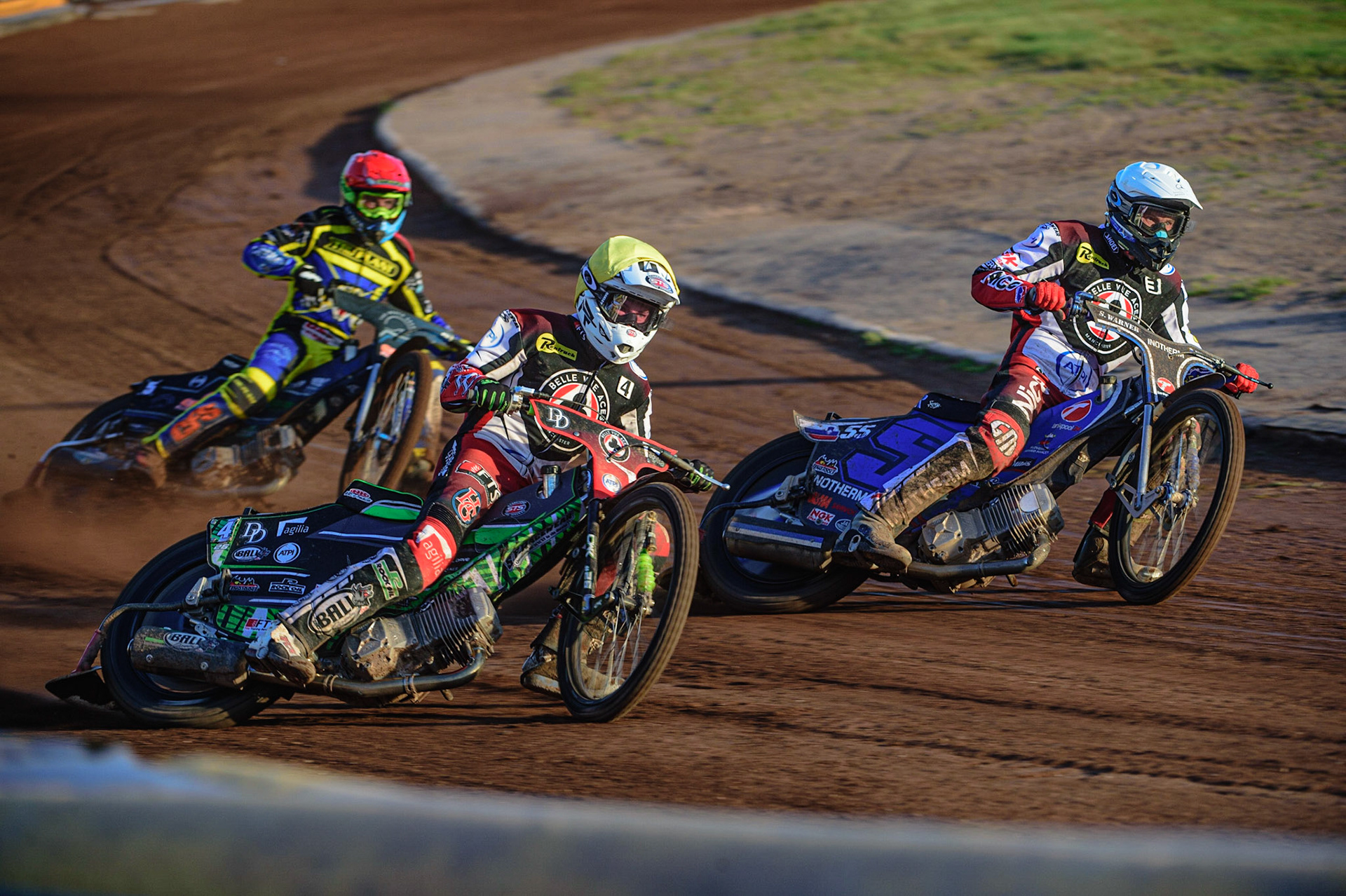 SHEFFIELD, UK. MAY 26TH  Charles Wright  (Yellow) and Matej Žagar  (White) lead Adam Ellis  (Red) during the SGB Premiership match between Sheffield Tigers and Belle Vue Aces at Owlerton Stadium, Sheffield on Thursday 26th May 2022. (Credit: Ian Charles | MI News)