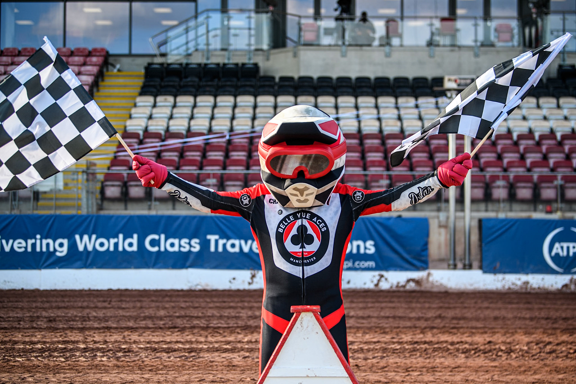 Belle Vue ATPI Aces mascot Chase The Ace during the Rowe Motor Oil Premiership match between Belle Vue Aces and Leicester Lions at the National Speedway Stadium, Manchester on Monday 19th May 2025. (Photo: Ian Charles | MI News)