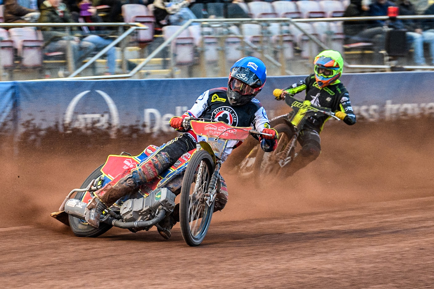 Belle Vue Aces' Tate Zischke  in Blue leading Ipswich Witches' Keynan Rew in Yellow during the Rowe Motor Oil Premiership match between Belle Vue Aces and Ipswich Witches at the National Speedway Stadium, Manchester on Monday 1st July 2024. (Photo: Ian Charles | MI News)