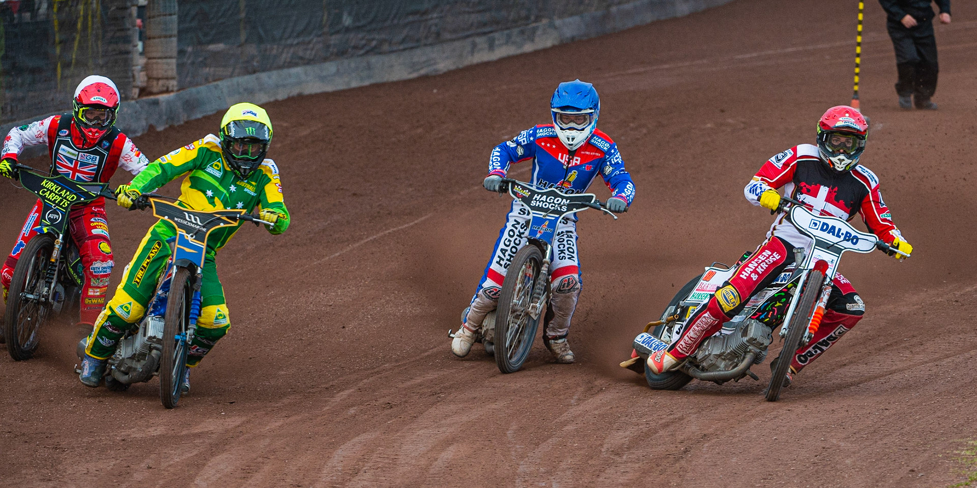 Photo by Ian Charles:

(l-r) Kyle Bickley (White), Chris Holder (Yellow) Broc Nichol (Blue) and Niels-Kristian Iversen (Red)

FIM Speedway Grand Prix World Championship - Qualifying Round 1, Peugeot Ashfield Stadium, Glasgow, 8 June 2019