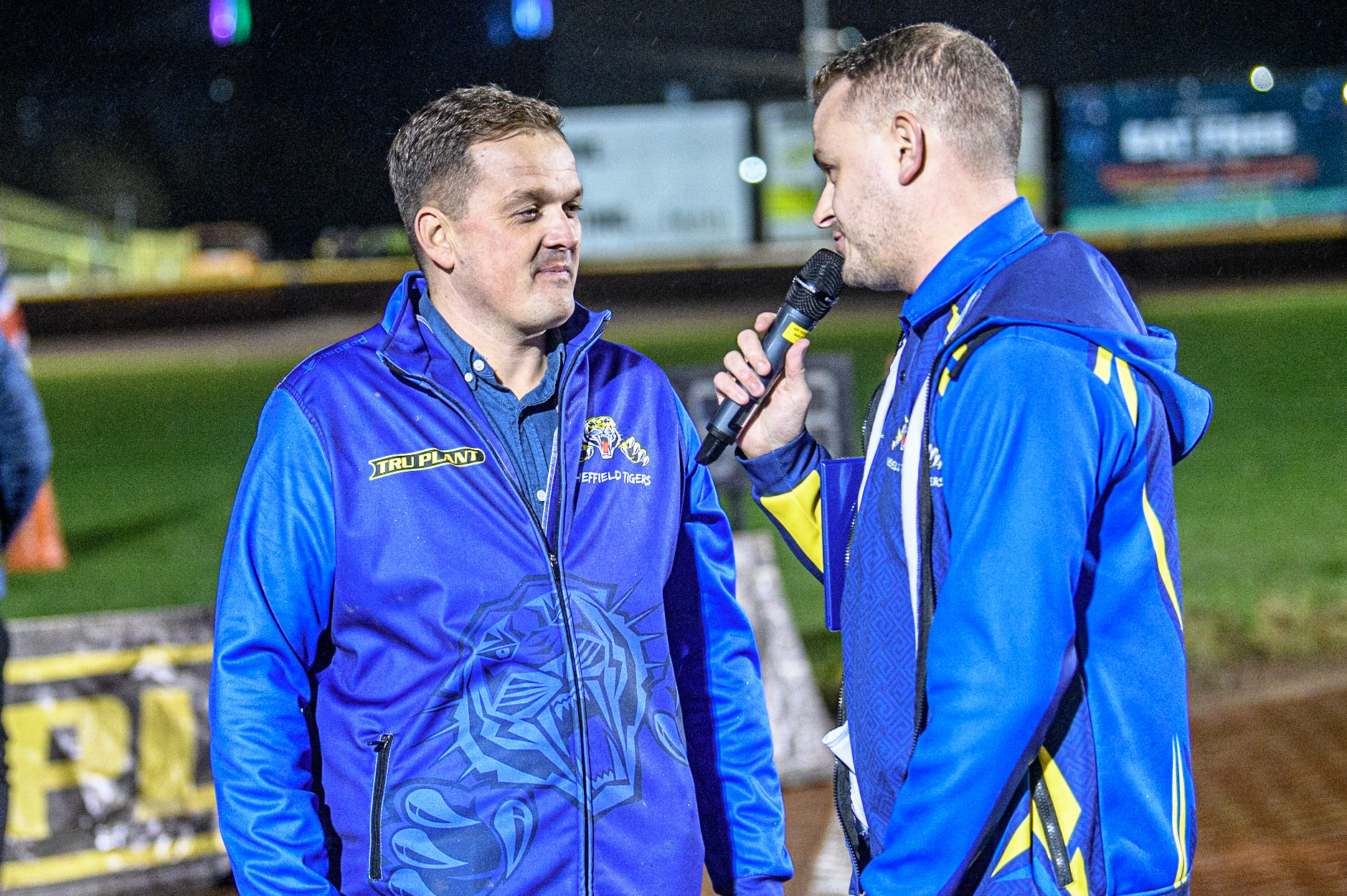 Sheffield Promoter Damien Bates is interviewed by Sheffield’s meeting presenter Ryan Guest during the Sports Insure Premiership Grand Final Second Leg match between Sheffield Tigers and Ipswich Witches at Owlerton Stadium, Sheffield on Thursday 5th October 2023. (Photo: Ian Charles | MI News)