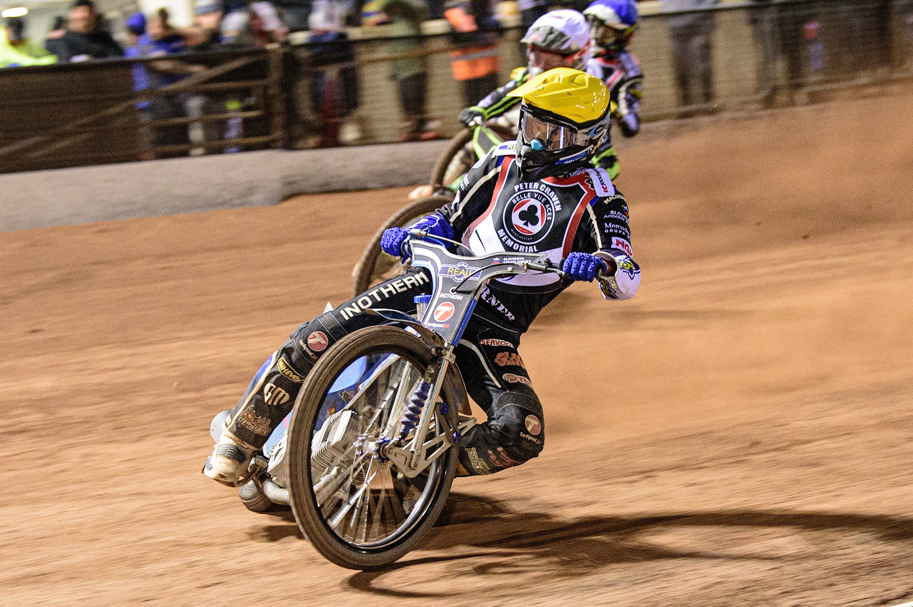 MANCHESTER, UK. MAR 21ST. Matej Žagar  (Yellow) inside Jye Etheridge  (White) during the ATPI Peter Craven Memorial Trophy at the National Speedway Stadium, Manchester on Monday 21st March 2022. (Credit: Ian Charles | MI News)