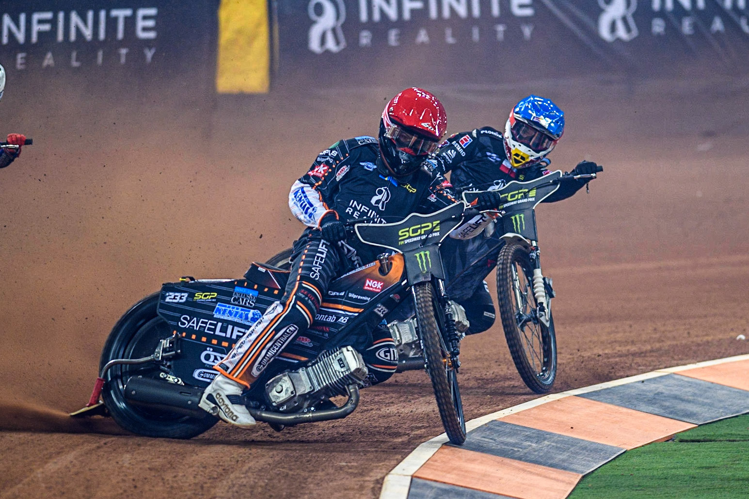 Kim Nilsson (233) (Red) leads  Maciej Janowski (71) (Blue) during the FIM Speedway Grand Prix of Great Britain at the Principality Stadium, Cardiff on Saturday 2nd September 2023. (Photo: Ian Charles | MI News)