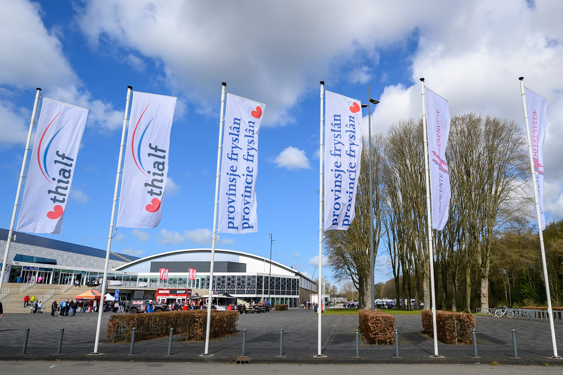 Flags at the concourse entrance to Thialf during the FIM Ice Speedway Of Nations at Ice Rink Thialf, Heerenveen on Sunday 12th April 2026. (Photo: Ian Charles | MI News)
