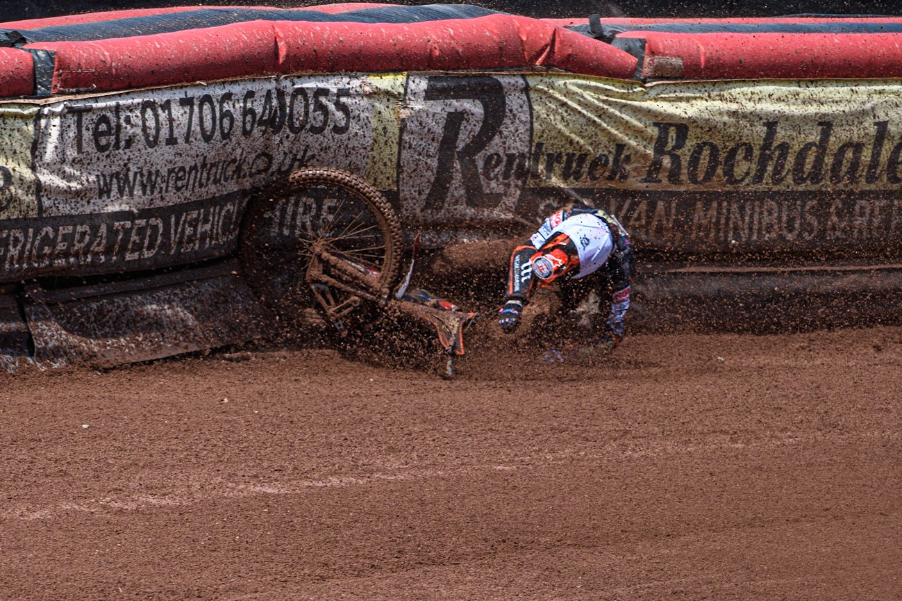 Zach Cook slides off during the Sports Insure Premiership match between Belle Vue Aces and Wolverhampton Wolves at the National Speedway Stadium, Manchester on Monday 29th May 2023. (Photo: Ian Charles | MI News)