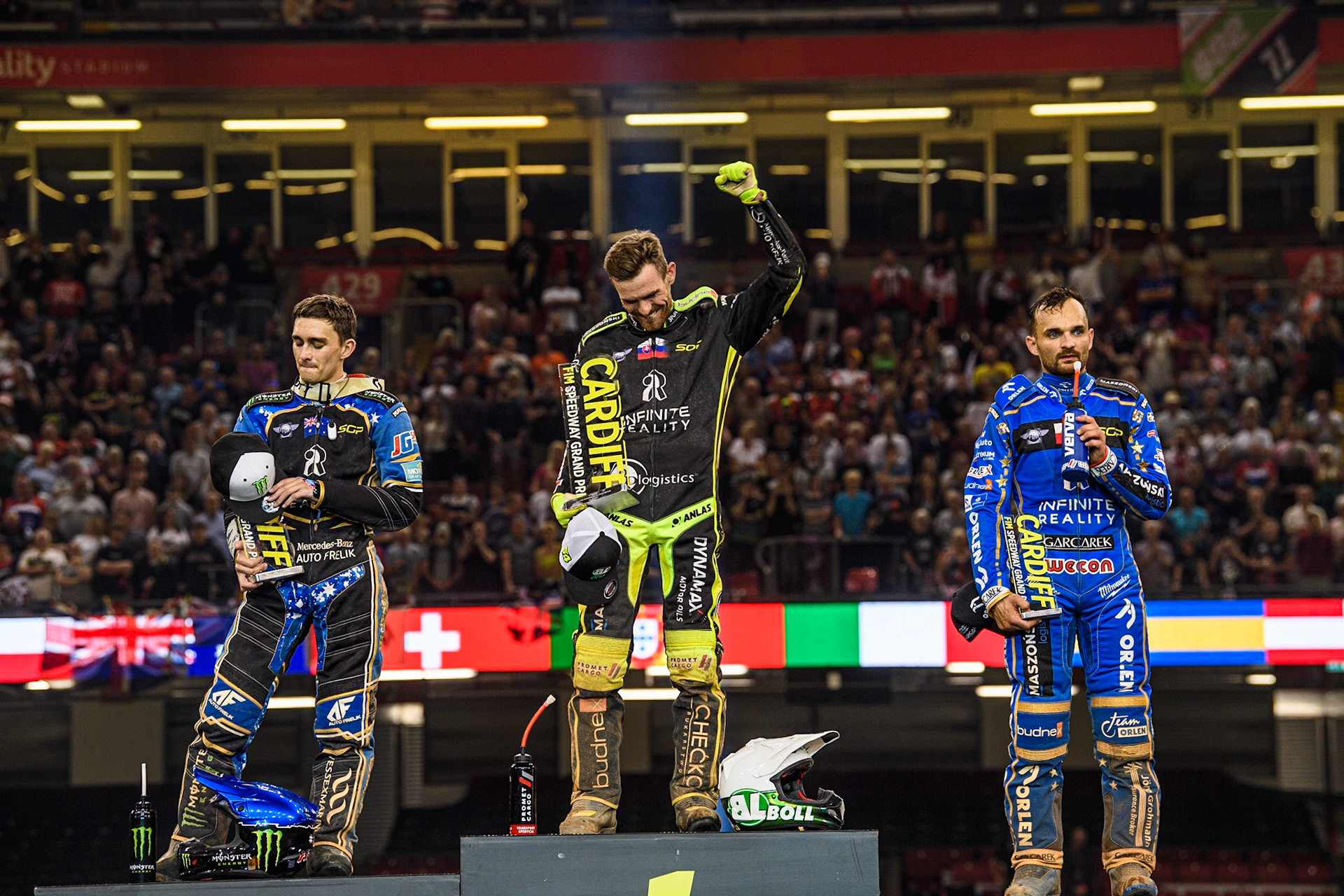 Cardiff Top 3: (L to R) Jack Holder (2nd), Martin Vaculik (Winner) Bartosz Zmarzlik (3rd) during the FIM Speedway Grand Prix of Great Britain at the Principality Stadium, Cardiff on Saturday 2nd September 2023. (Photo: Ian Charles | MI News)