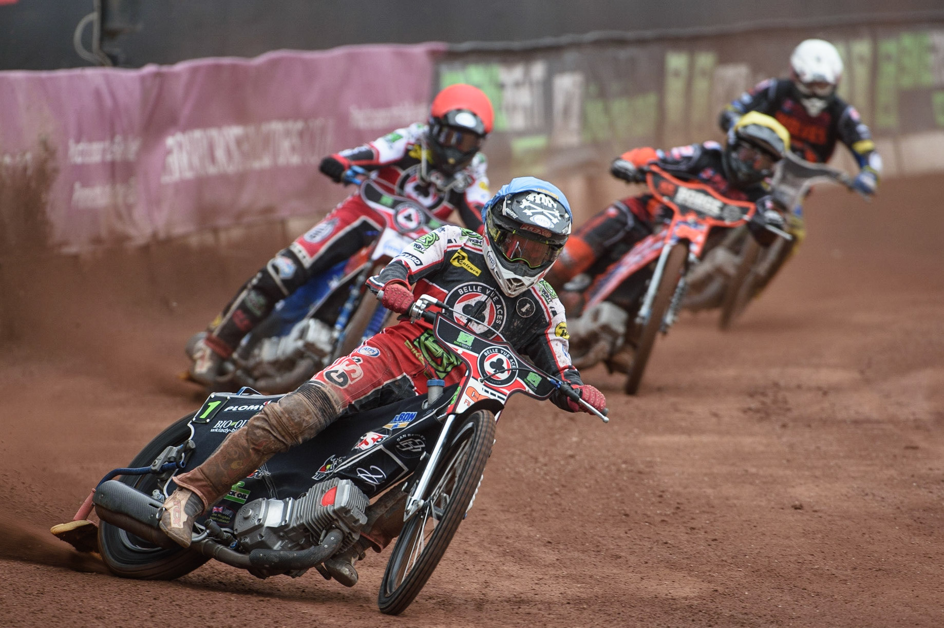 MANCHESTER, UK. AUGUST 30TH Dan Bewley  (Blue) leads Brady Kurtz  (Red), Luke Becker  (Yellow) and Richard Lawson  (White)during the SGB Premiership match between Belle Vue Aces and Wolverhampton Wolves at the National Speedway Stadium, Manchester on Monday 30th August 2021. (Credit: Ian Charles | MI News)