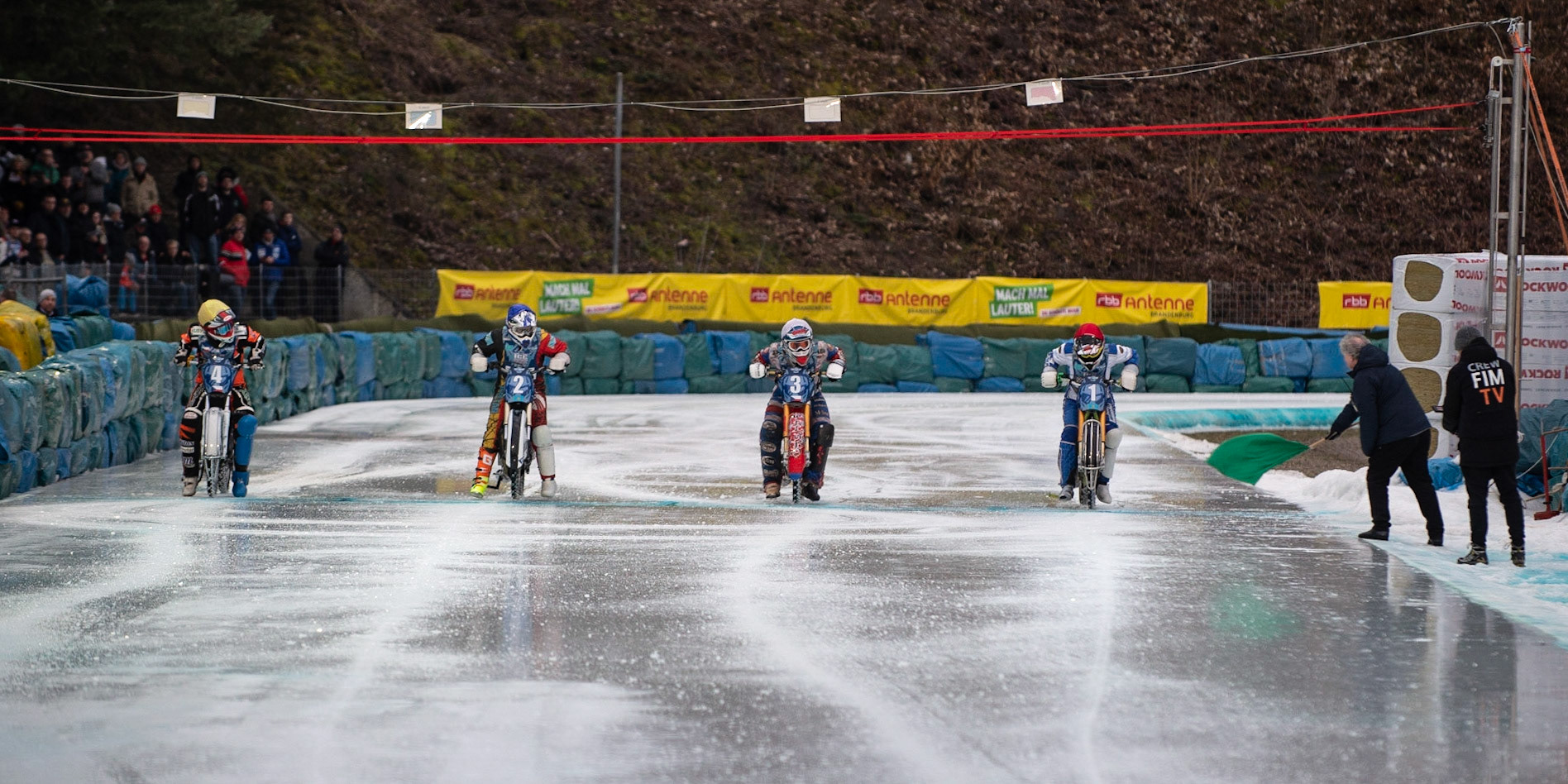 BERLIN GERMANY  - February 29   Due to a starting tape failure, all the heats on Saturday were started on a Green Flag. In this heat Kazakhstan were up against The Czech Republic during theIce Speedway of Nations (Day 1) at the Horst-Dohm-Eisstadion, Berlin,  on Saturday 29 February 2020. (Credit: Ian Charles | MI News)