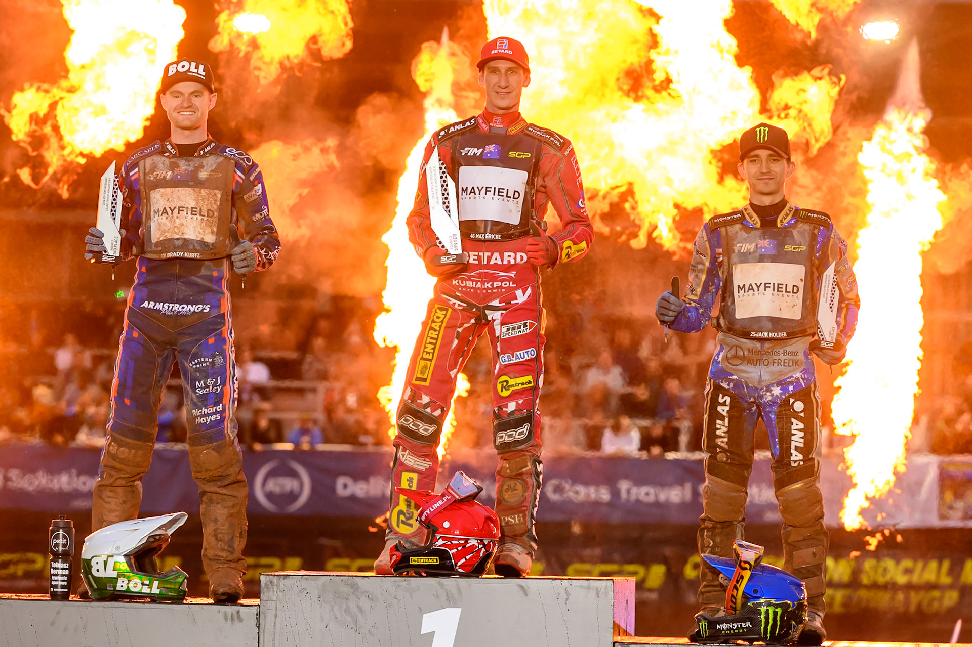 Top3: (L to R) Brady Kurtz (2nd), Max Fricke (Winner), Jack Holder (3rd)   during the ATPI  FIM Speedway GP of Manchester at the National Speedway Stadium, Manchester on Friday 5th June 2026. (Photo: Ian Charles | MI News)