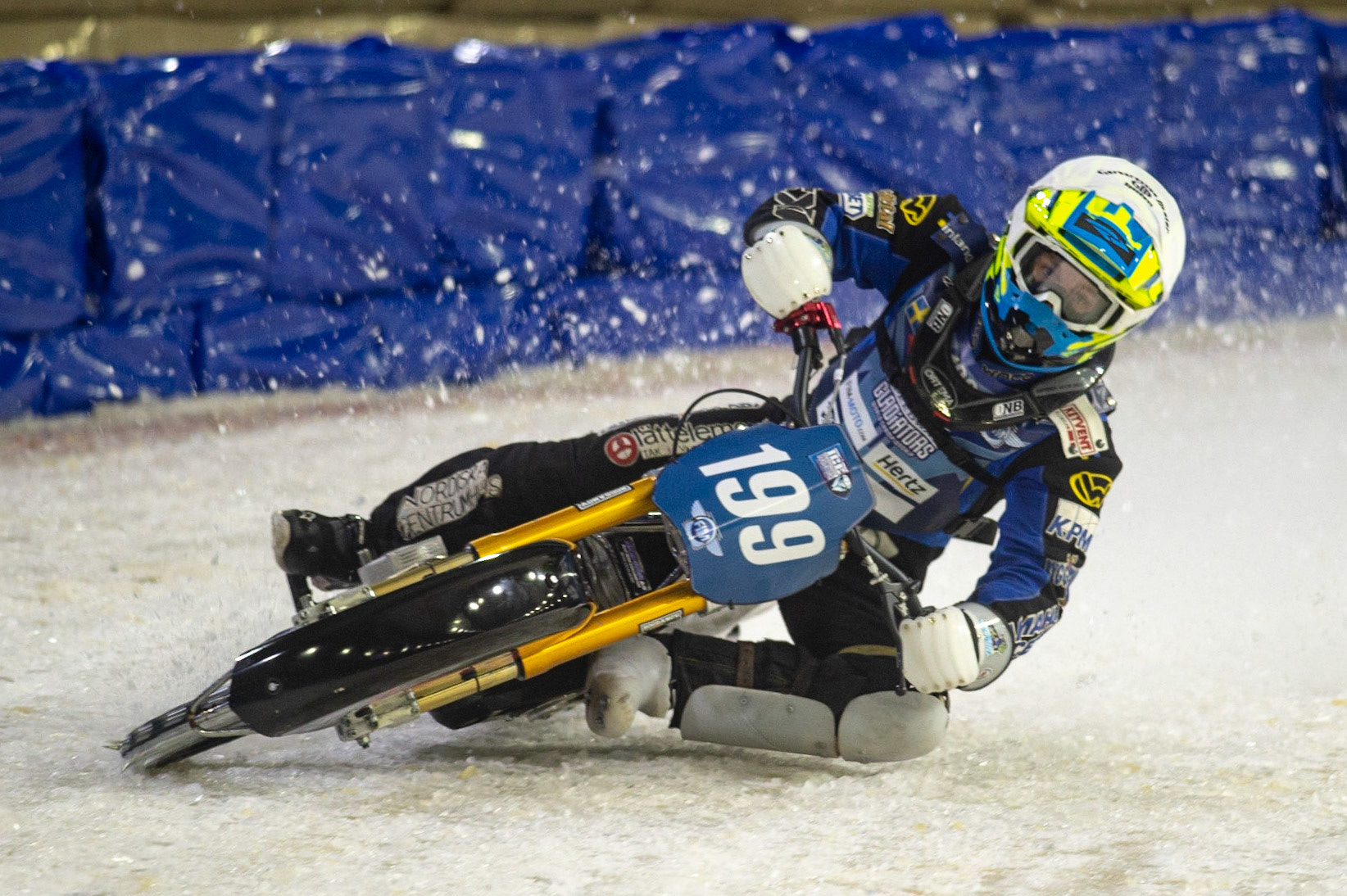 HEERENVEEN, NL.Martin Hååruhiltunen (199)  in action during the FIM Ice Speedway Gladiators World Championship Final 3 at Ice Rink Thialf, Heerenveen on Saturday  2 April 2022. (Credit: Ian Charles | MI News)