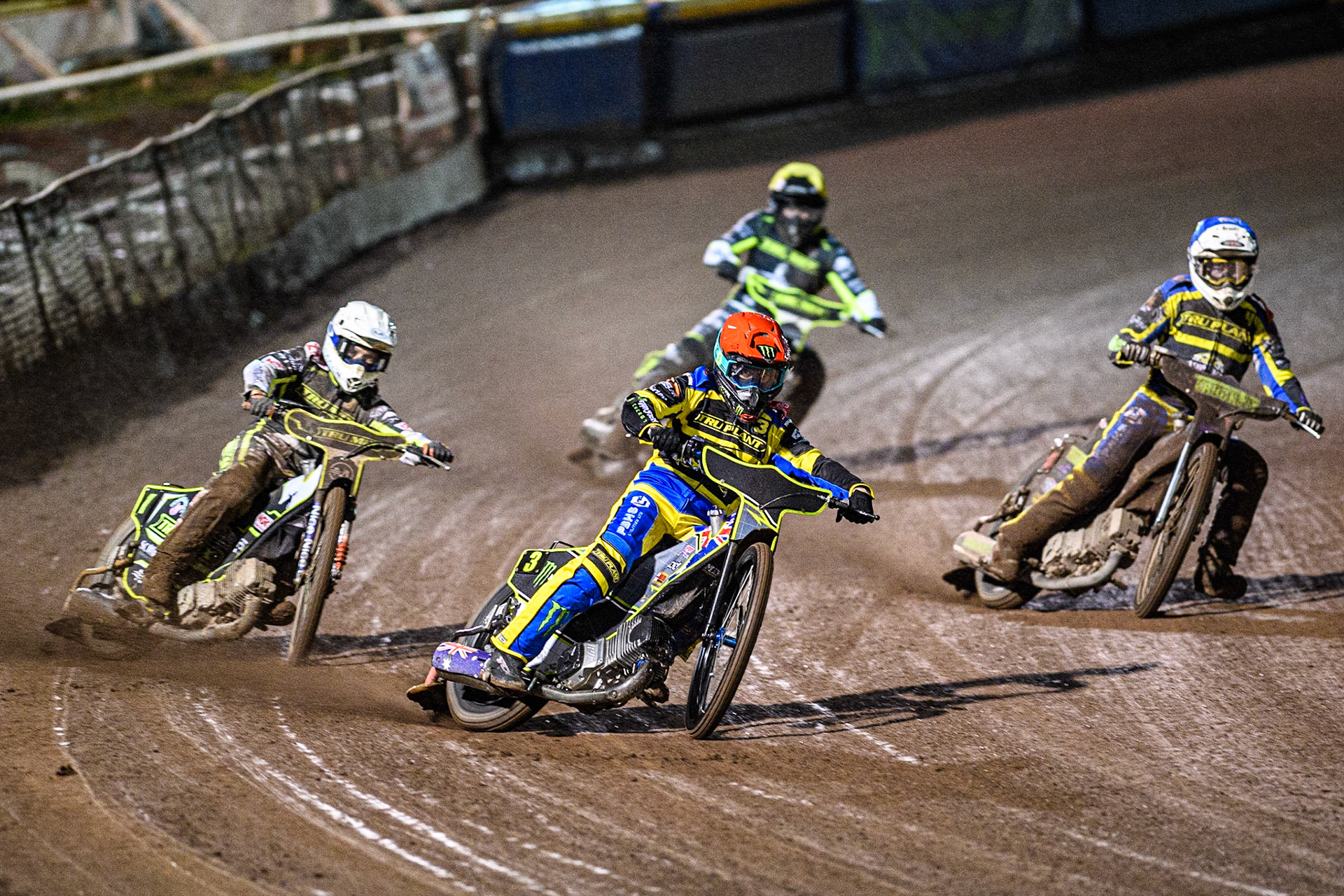 Chris Holder (Red) leads  Emil Sayfutdinov (White), Josh Pickering (Blue) and Erik Riss (Yellow) during the Sports Insure Premiership Grand Final Second Leg match between Sheffield Tigers and Ipswich Witches at Owlerton Stadium, Sheffield on Thursday 5th October 2023. (Photo: Ian Charles | MI News)
