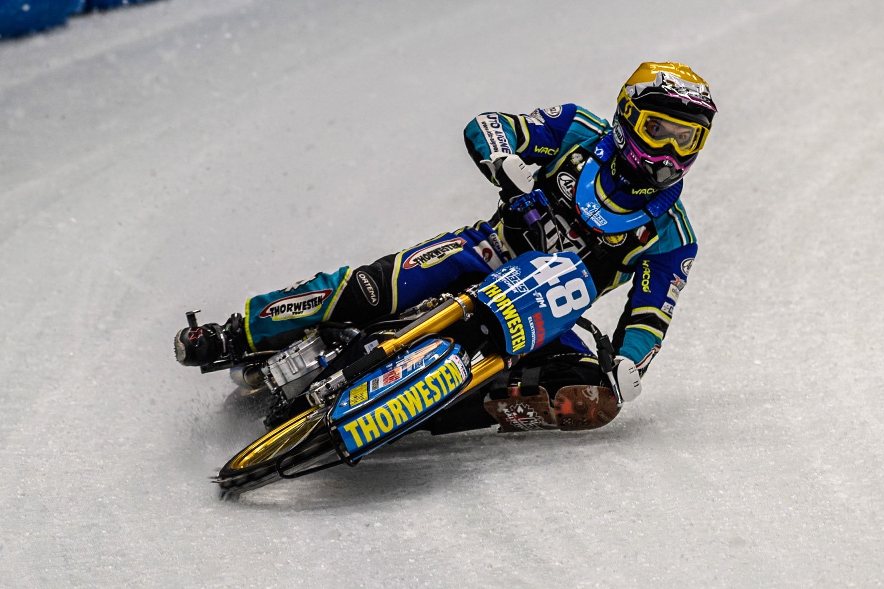 Luca Bauer (48) of Germany in action during the Ice Speedway Gladiators World Championship Final 1 at Max-Aicher-Arena, Inzell on Saturday 15th March 2025. (Photo: Ian Charles | MI News)