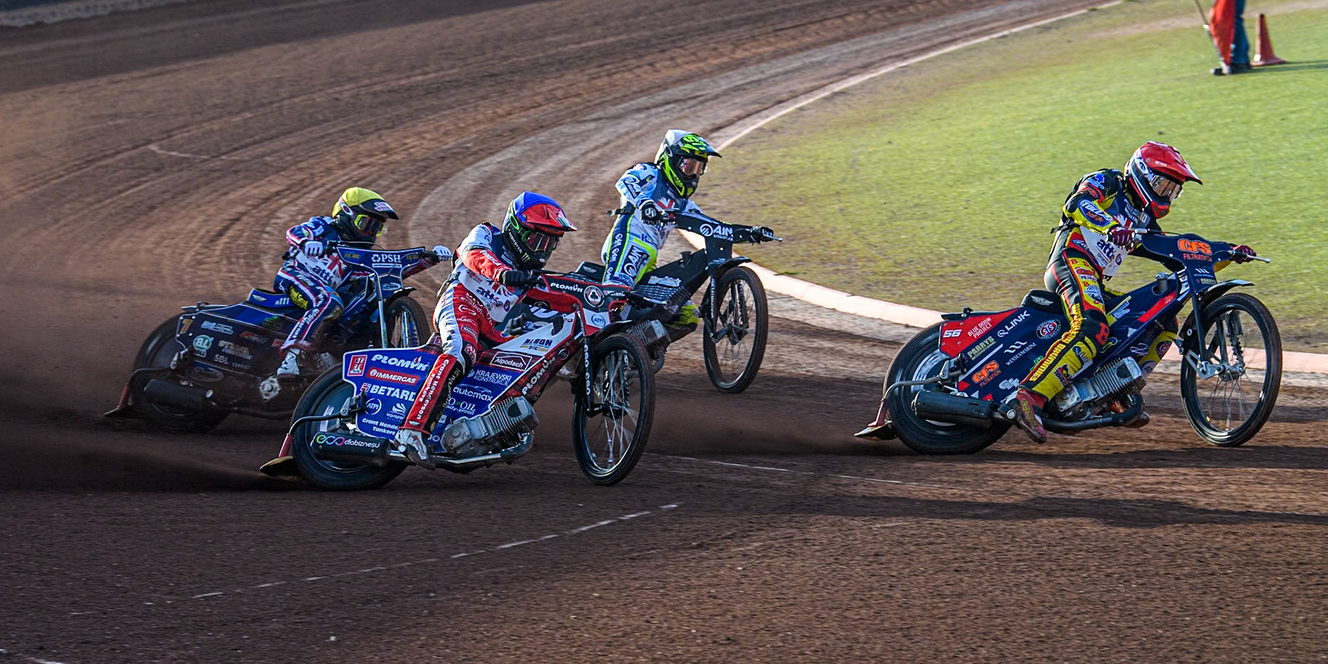 Steve Worrall in Red leading Dan Bewley in Blue Lewis Kerr in White and Anders Rowe in Yellow during the Attis Insurance Sports Division British Speedway Championship Final at the National Speedway Stadium, Manchester on Saturday 8th June 2024. (Photo: Ian Charles | MI News)