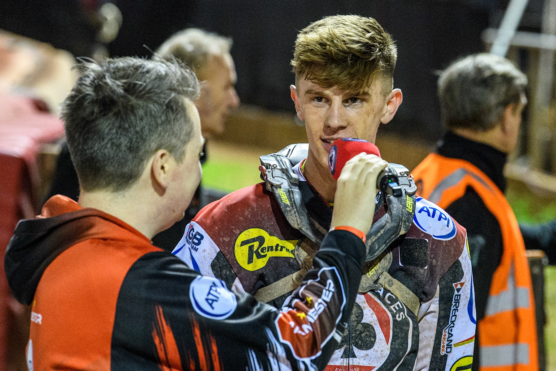 Belle Vue Aces' Jake Mulford  (Right) is interviewed by meeting presenter Lee Wild during the Rowe Motor Oil Premiership Play Off Semi Final 2, 1st Leg match between Belle Vue Aces and Sheffield Tigers at the National Speedway Stadium, Manchester on Monday 16th September 2024. (Photo: Ian Charles | MI News)