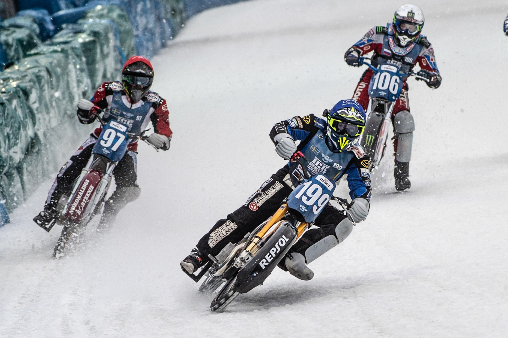 Photo: Ian Charles

Martin Haarahiltunen (199) leads Ove Ledström (97) and Dmitri Koltakov (106)

FIM Ice Speedway Gladiators World Championship, Final 3.1, Horst-Dohm Eisstadion, Berlin, Germany Saturday  2  March  2019