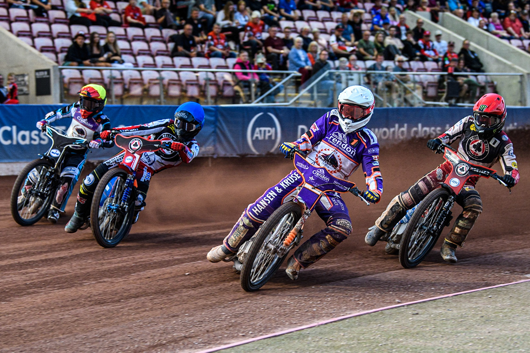 Niels-Kristian Iversen  (White) leads Dan Bewley (Red) Brady Kurtz (Blue) and Vadim Tarasenko (Yellow) during the Sports Insure Premiership match between Belle Vue Aces and Peterborough at the National Speedway Stadium, Manchester on Monday 19th June 2023. (Photo: Ian Charles | MI News)