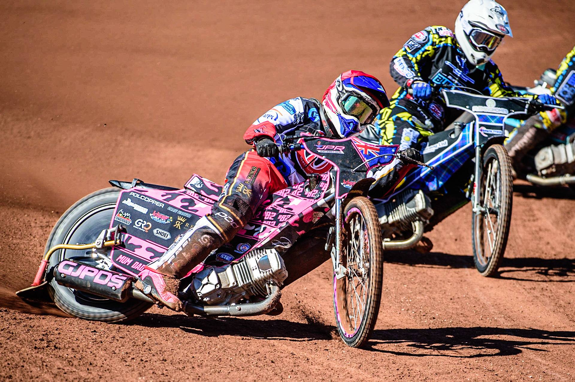 James Pearson   (Red) leads Greg Blair  (White) during the National Development League match between Belle Vue Colts and Berwick Bullets at the National Speedway Stadium, Manchester on Friday 7th April 2023. (Photo: Ian Charles | MI News)