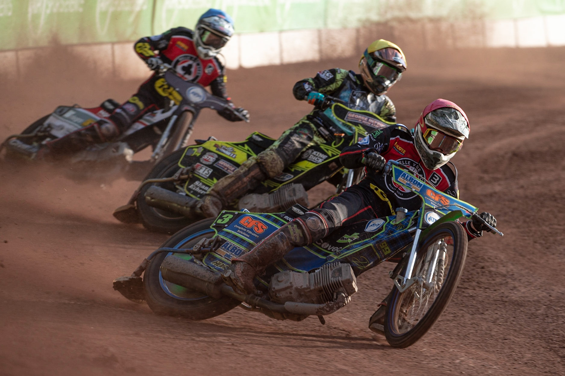 Photo by Ian Charles

Dan Bewley  (Red) leads Jye Etheridge  (Yellow) and Steve Worrall  (Blue)

Belle Vue Aces v Poole Pirates, British Speedway Premiership, Belle Vue National Speedway Stadium, Manchester, Monday 1  July  2019