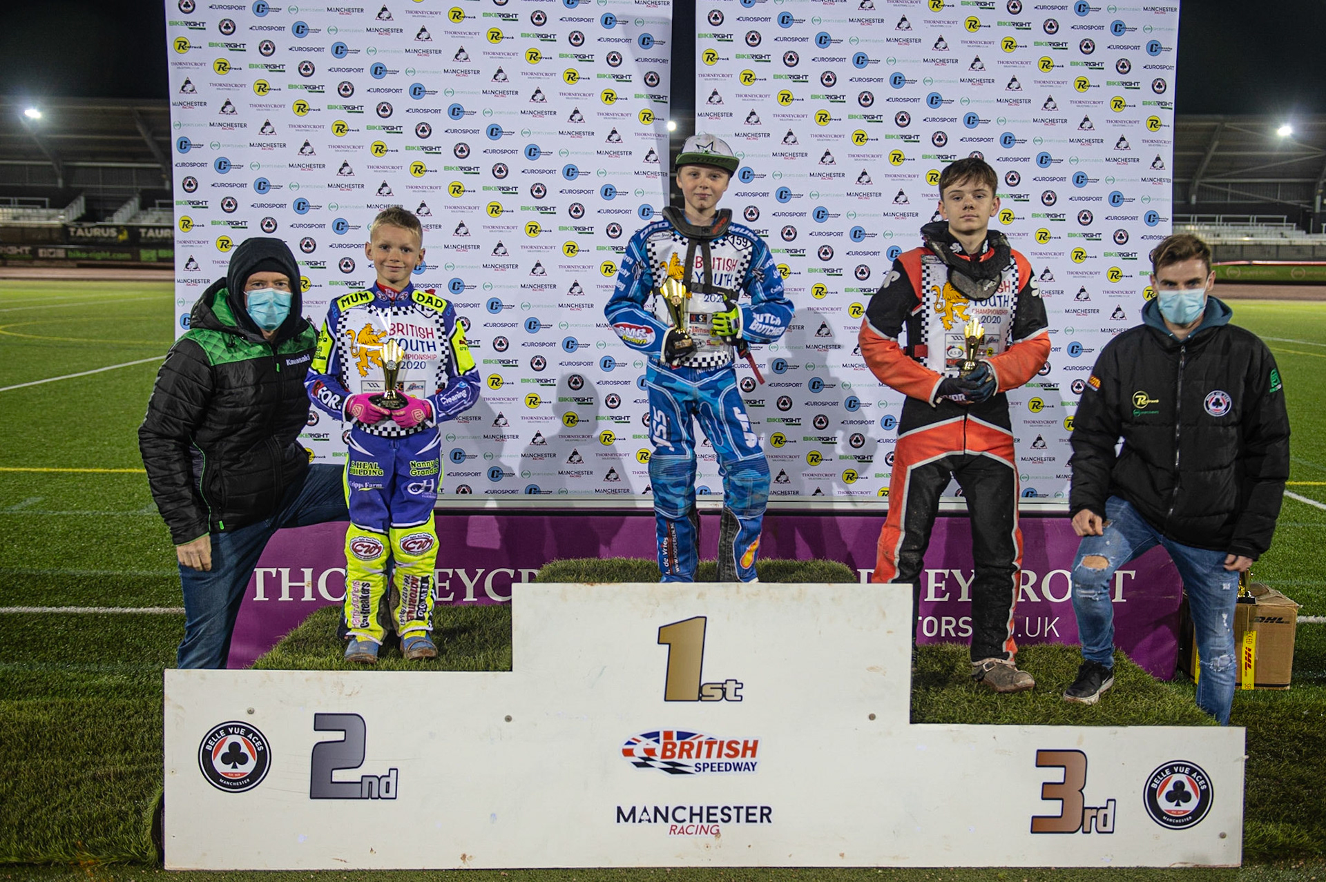 Photo: Ian Charles125cc B Class Final R5:(l-r) Jason Crump, Oliver Bovington (2nd), Stene Pijper (1st) Owen Booth (3rd), Steve Worrall British Youth Speedway Championship (Round 5), National Speedway Stadium, Manchester Saturday  10  October  2020