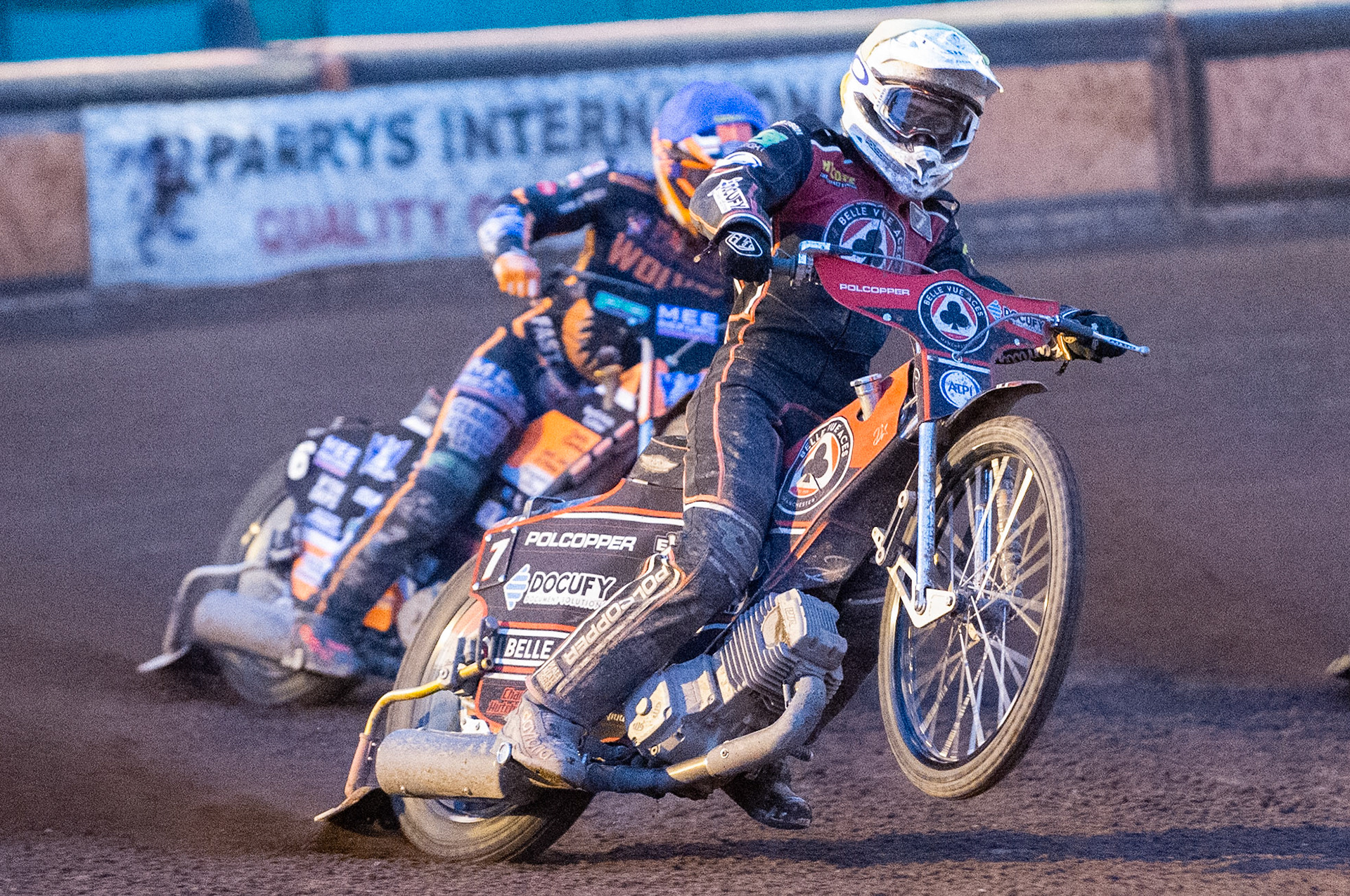 Photo by Ian Charles:

Jaimon Lidsey  (Yellow) picks up some drive ahead of Ashley Morris  (Blue)


Wolverhampton Wolves v Belle Vue Aces, British Speedway Premiership 22 April 2019
