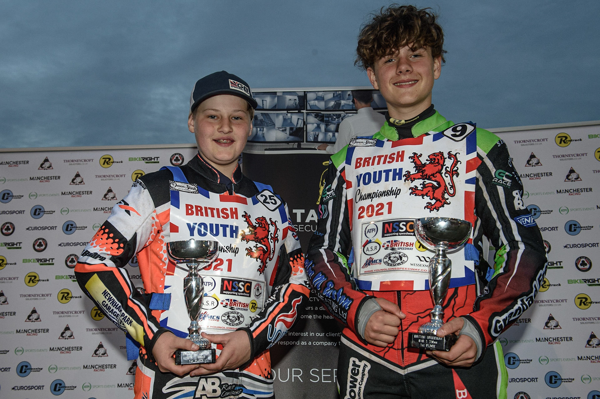 MANCHESTER, UK. MAY 28TH  500cc winner Ben Trigger (left) with 250cc winner Luke Harrison  during the SGB National Development League match between Belle Vue Colts and Berwick Bullets at the National Speedway Stadium, Manchester on Friday 28th May 2021. (Credit: Ian Charles | MI News)