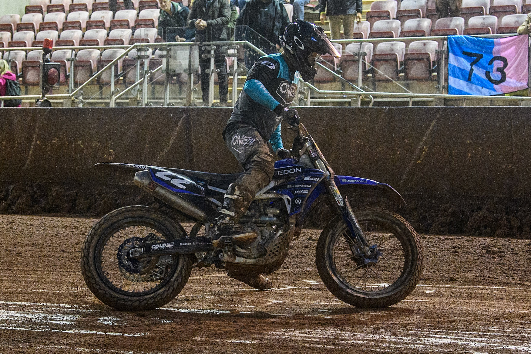 Ondřej Svědík (22) Czech Rep. does some celebratory do-nuts after his meeting win during the FIM World Flat Track Championship Round 1 at the National Speedway Stadium, Manchester on Saturday 5th August 2023. (Photo: Ian Charles | MI News)